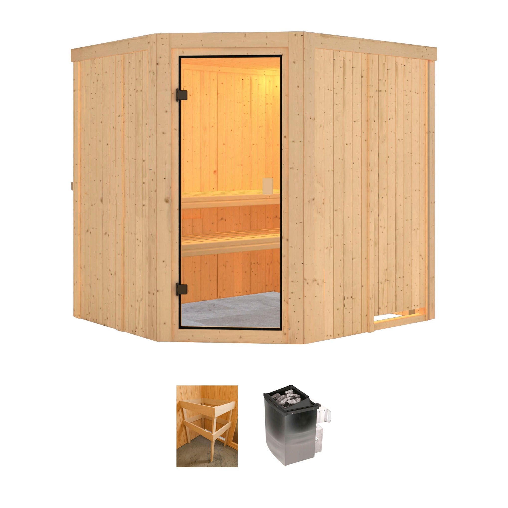 Sauna „Jupiter“, (Set), 9 kW-Ofen mit int. Steuerung naturbelassen