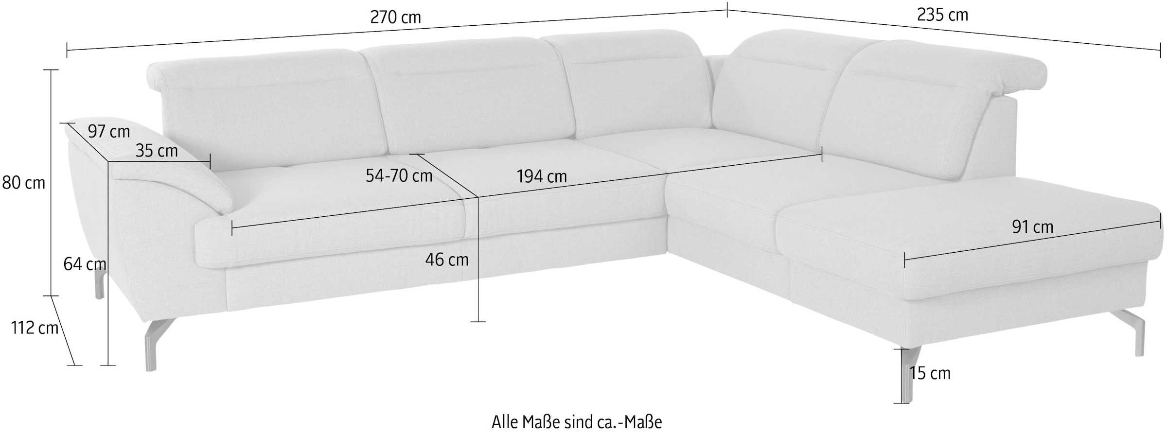 sit&more Ecksofa »Percy L-Form«, 15 cm Fußhöhe, Sitztiefenverstellung, wahlweise in 2 Fußfarben