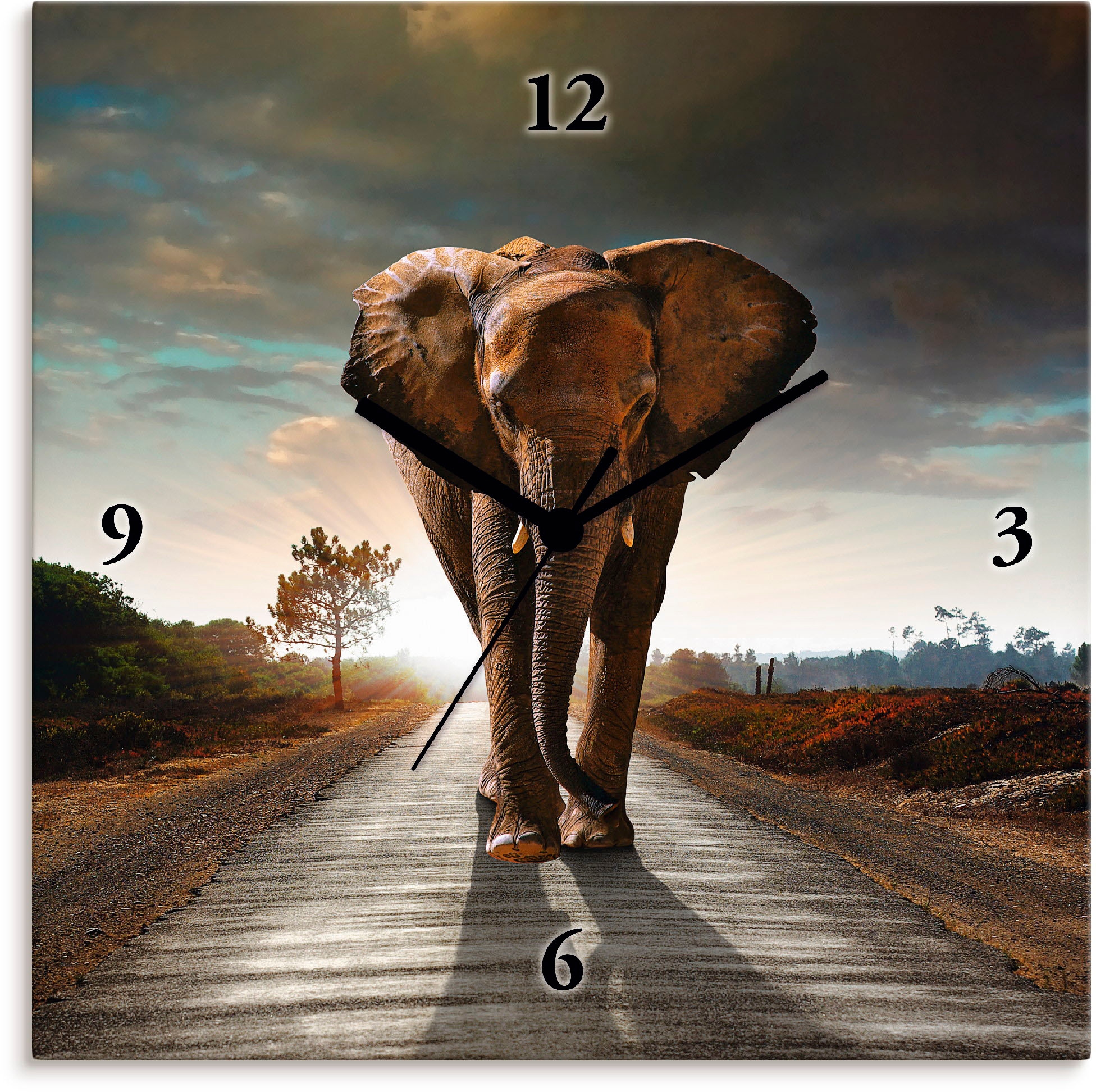 Artland Wanduhr »Ein Elefant läuft auf der Straße«, wahlweise mit Quarz-  oder Funkuhrwerk, lautlos ohne Tickgeräusche auf Rechnung kaufen | Poster