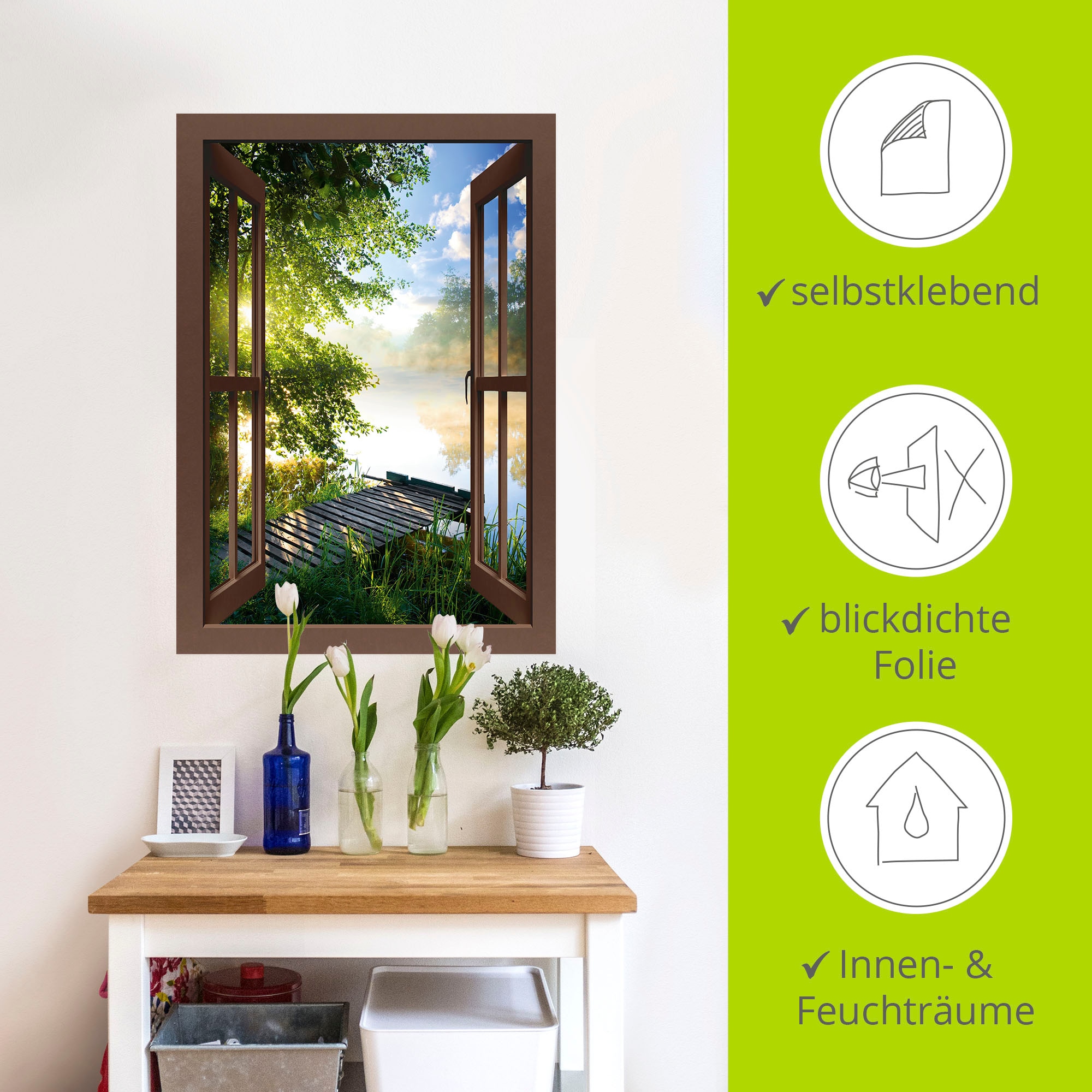 Artland Wandbild »Fensterblick Angelsteg am Fluss«, Fensterblick, (1 St.), als Alubild, Outdoorbild, Leinwandbild, Poster, Wandaufkleber