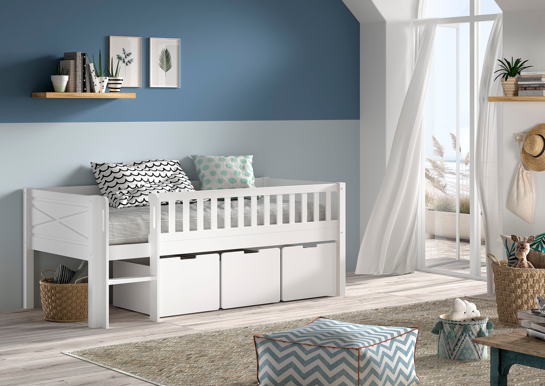 Vipack Spielbett »Scott mit niedriger Einstiegshöhe, inkl. Leiter und Rolllattenrost«, in Kiefer massiv, weiß 90x200 cm, wahlweise ohne und mit Rollboxen