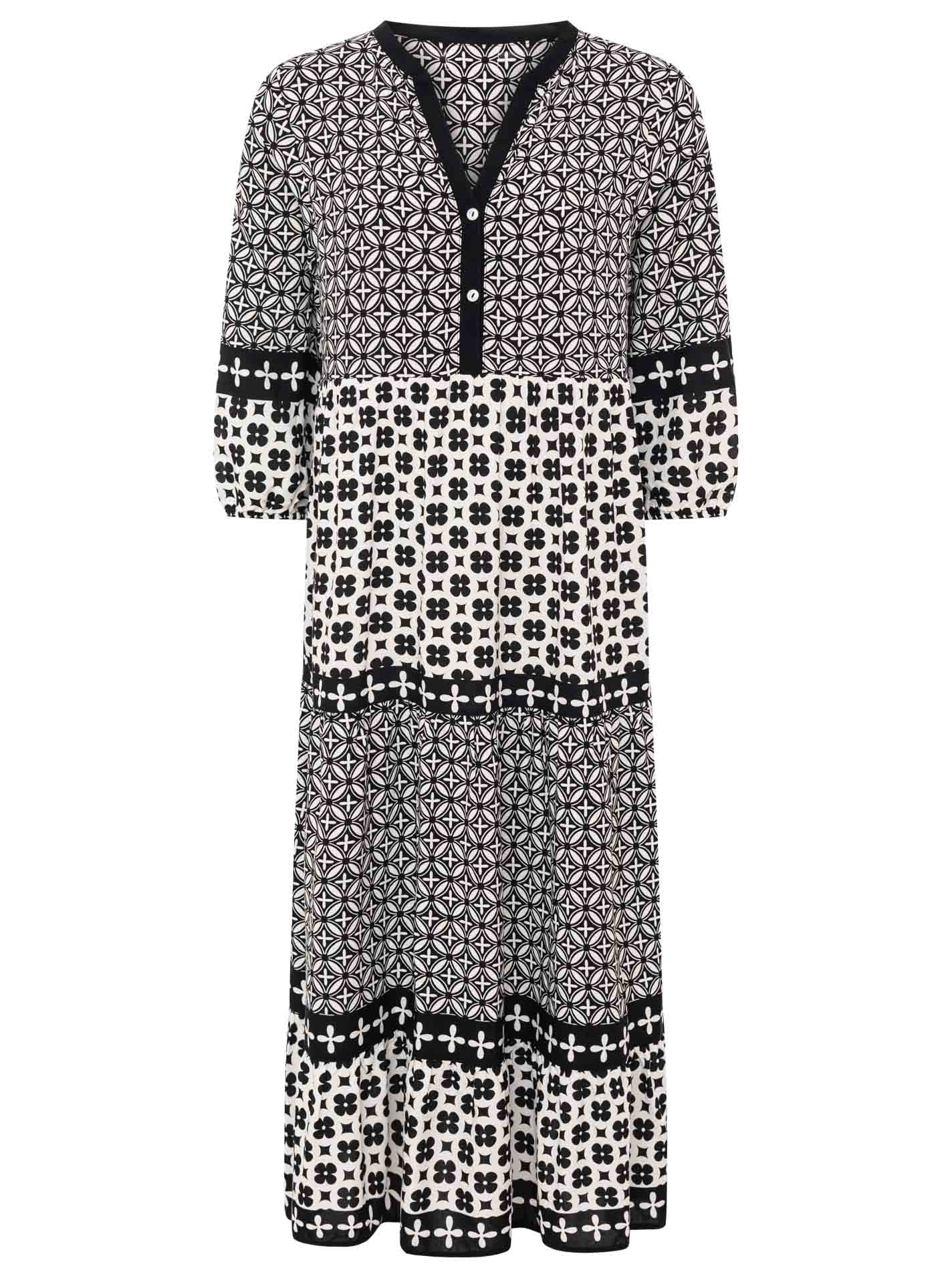 Zwillingsherz Maxikleid »"Geometric"« Ornamentmustermix, Knopfleiste, 3/4 Arm