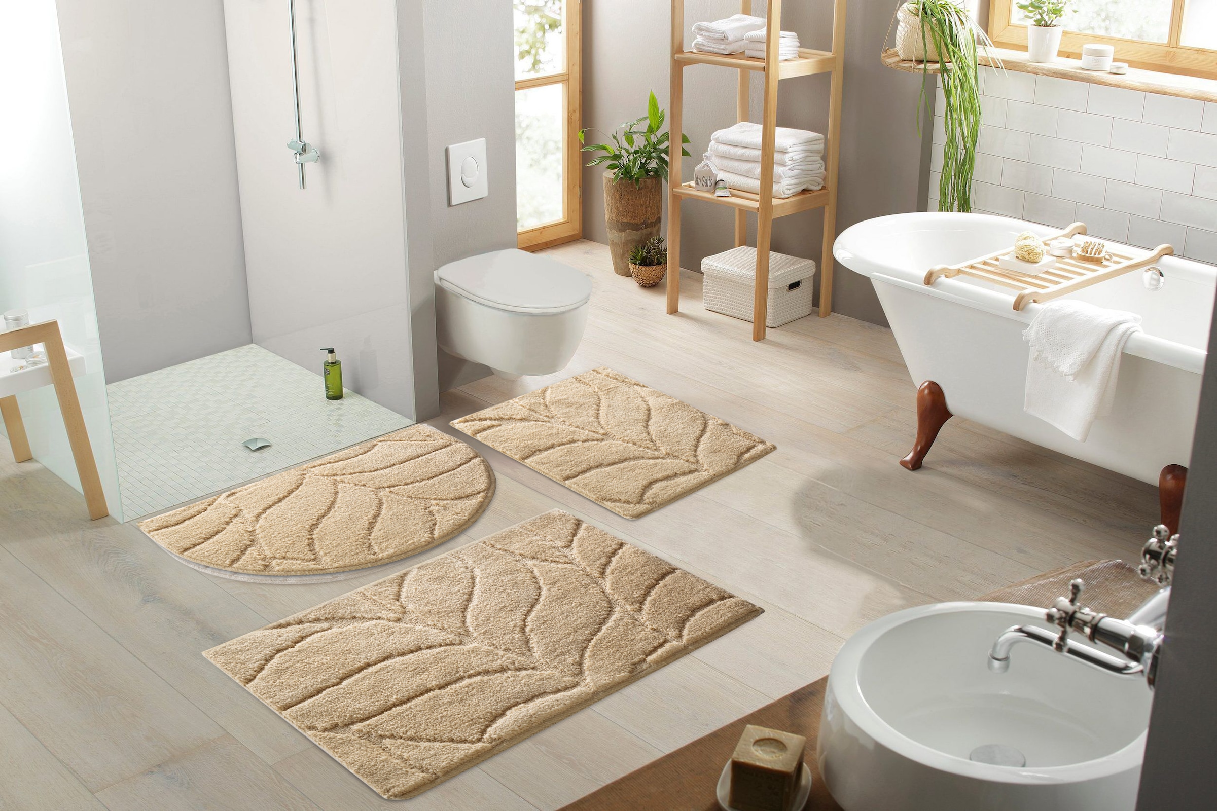 my home Badematte »Epense, Badvorleger, Badezimmer Teppich, Duschvorleger«, fußbodenheizungsgeeignet-schnell trocknend, Badteppich, Uni Farben, Blätter, Hoch-Tief Effekt