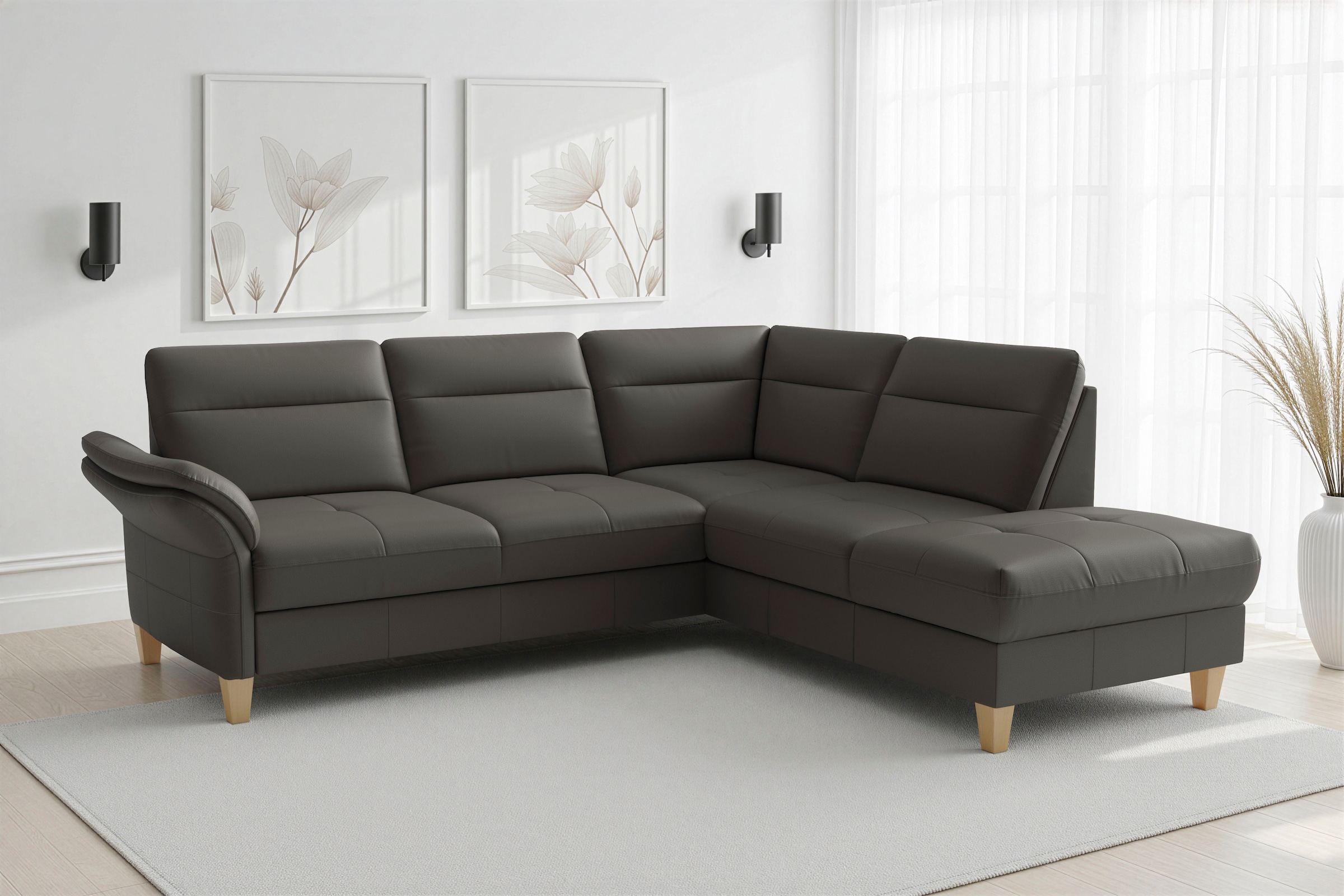 sit&more Ecksofa »Pamela L-Form, B: 218 cm, optional Schlaffunktion & Bettkasten, Leder« wahlweise mit Armteilverstellung, Sofa mit Federkern, Sitzhöhe: 48 cm