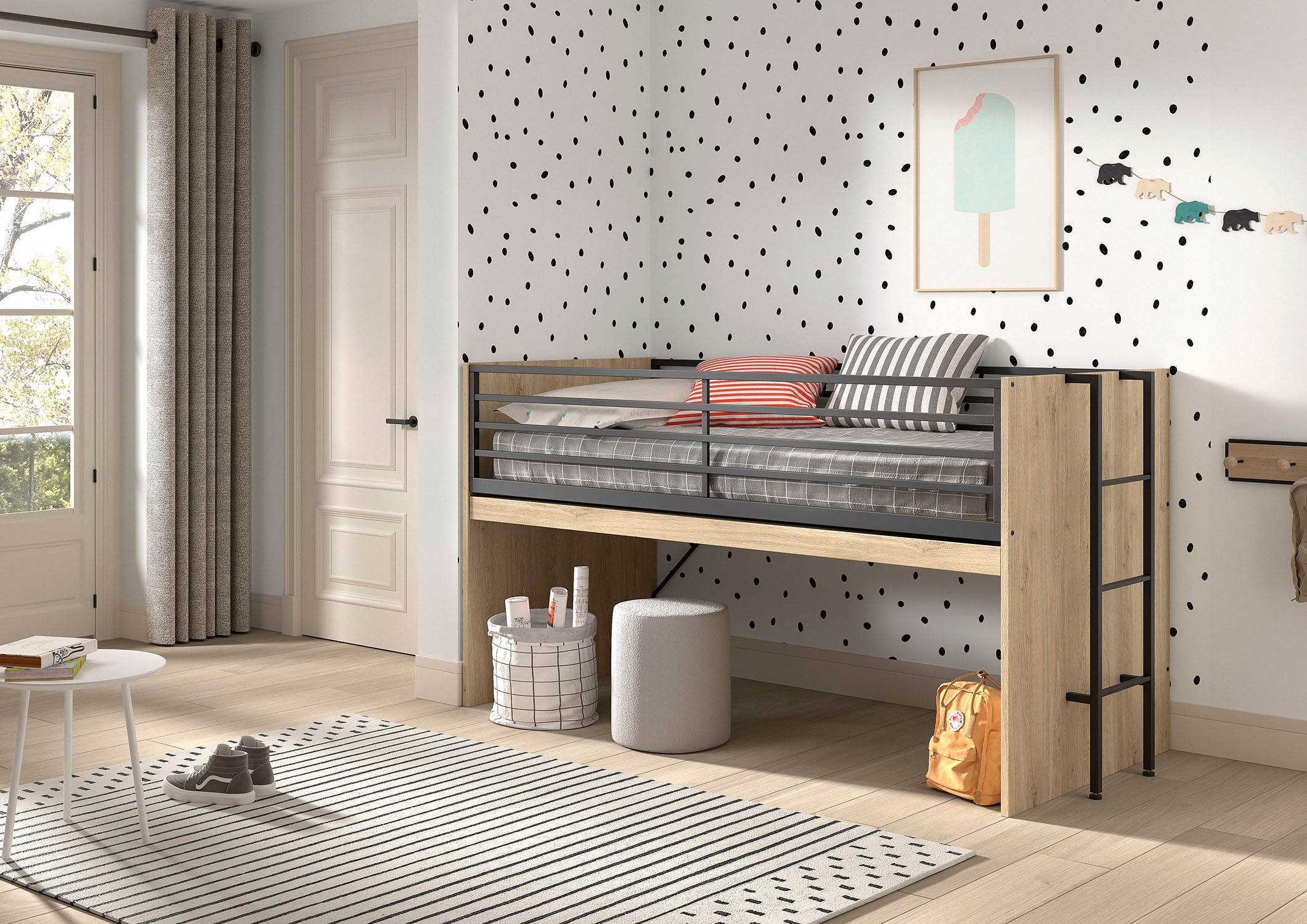 Vipack Stauraumbett »Sam, schlafen und arbeiten in einem, wahlweise Eiche- oder Weiß-Dekor« Liegefläche 90x200 cm, darunter eine große ausziehbare Schreibplatte,  mit Absturzschutz, Leiter u. Stauraum, pflegeleichte Dekor Oberfläche