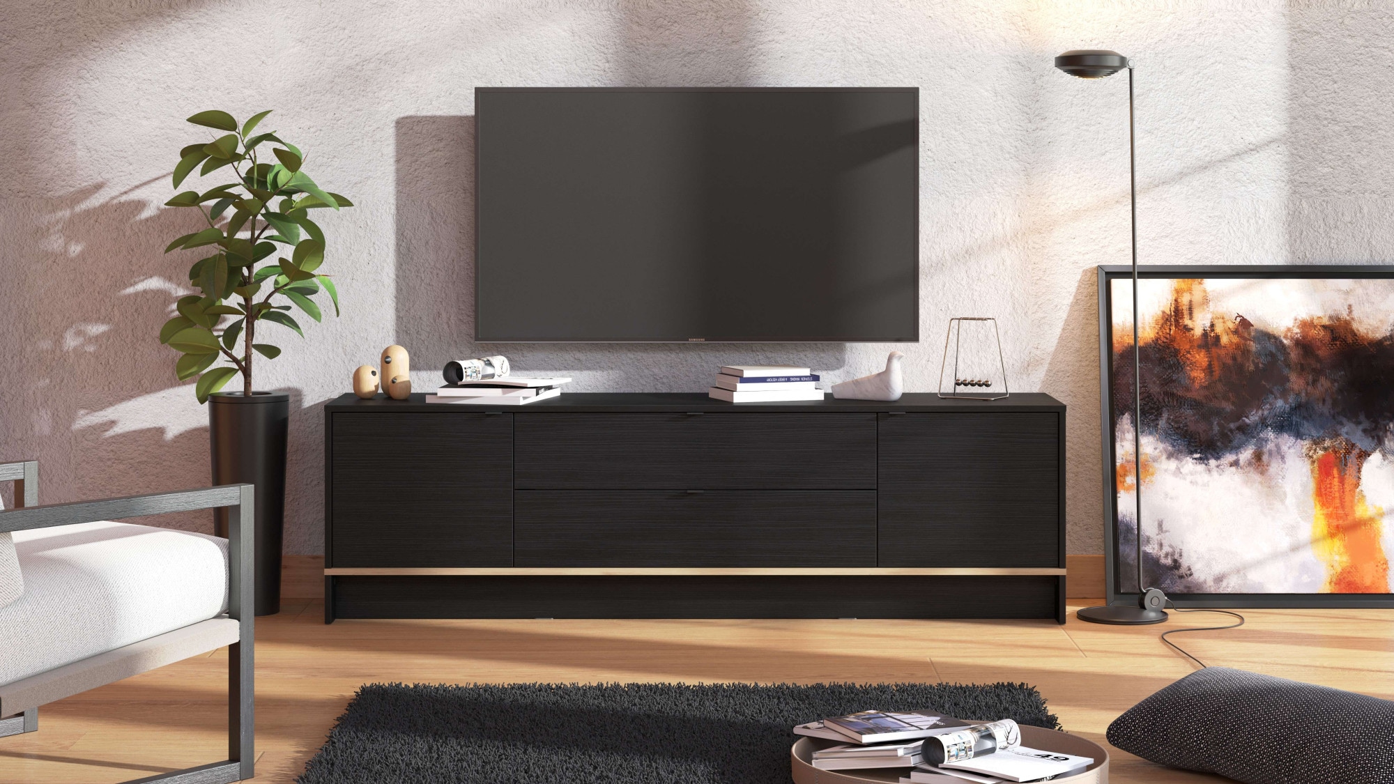 INOSIGN TV-Board »Lille Lowboard, Breite 182,5 cm, TV-Schrank, TV-Ständer, viel Stauraum«, im schwarzen Dekor mit Textur, mit vier geschlossenen Fächer