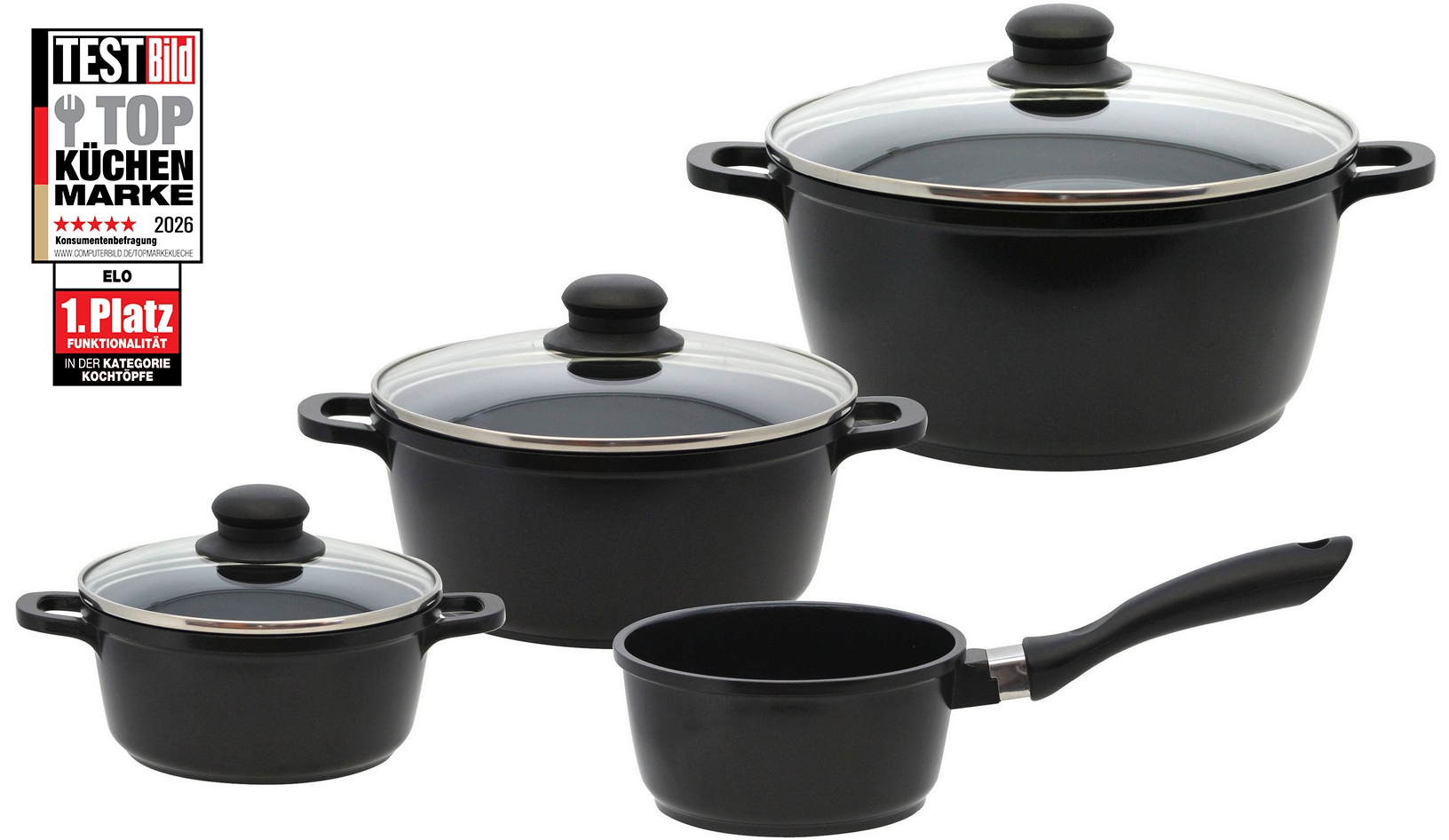 Elo Basic Topf-Set »Black Cast« Set, 3 Töpfe mit Deckel, 1 Stielkasserolle, 7 Stk. tlg. Aluminiumguss