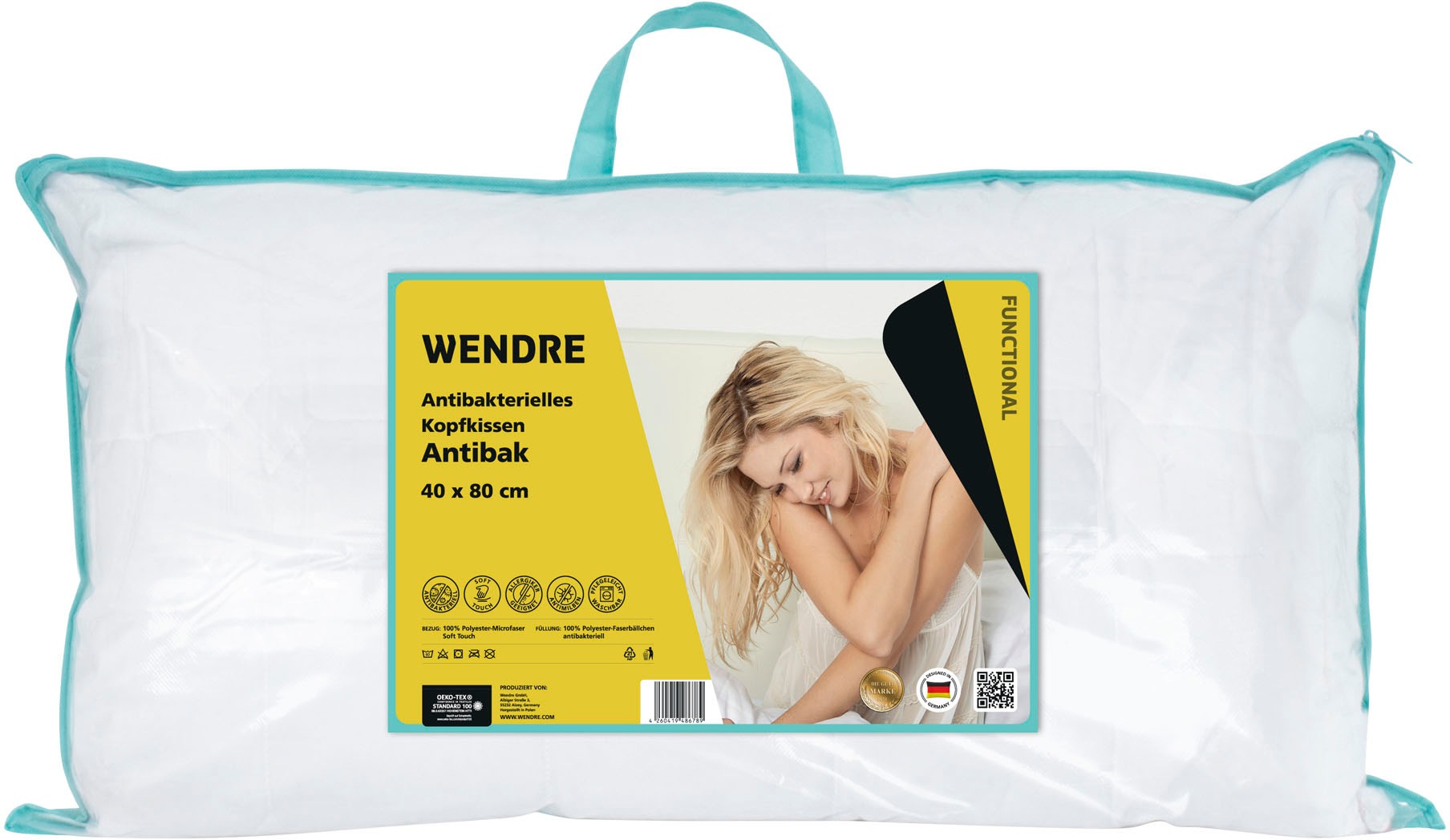 Wendre Kunstfaserkopfkissen »Antibac, 40x80 cm, 80x80cm, pflegeleicht«, Füllung: 100% Polyester, Bezug: 100% Polyester, (1 St.), Antibakteriell - Soft touch, Allergiker geeignet (Hausstauballergiker)