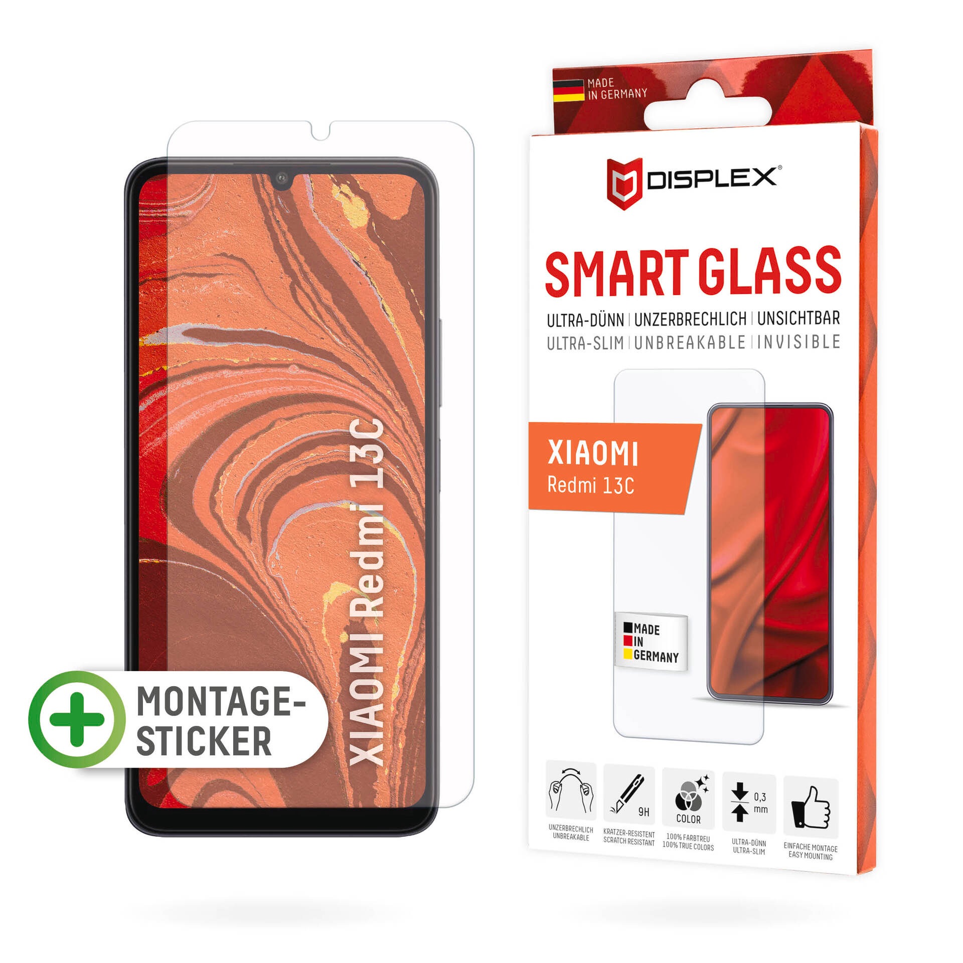 Bild von Displex Displayschutzglas »Smart Glass«, für Xiaomi Redmi 13C, Displayschutzfolie Displayschutz kratzer-resistent 9H unzerbrechlich