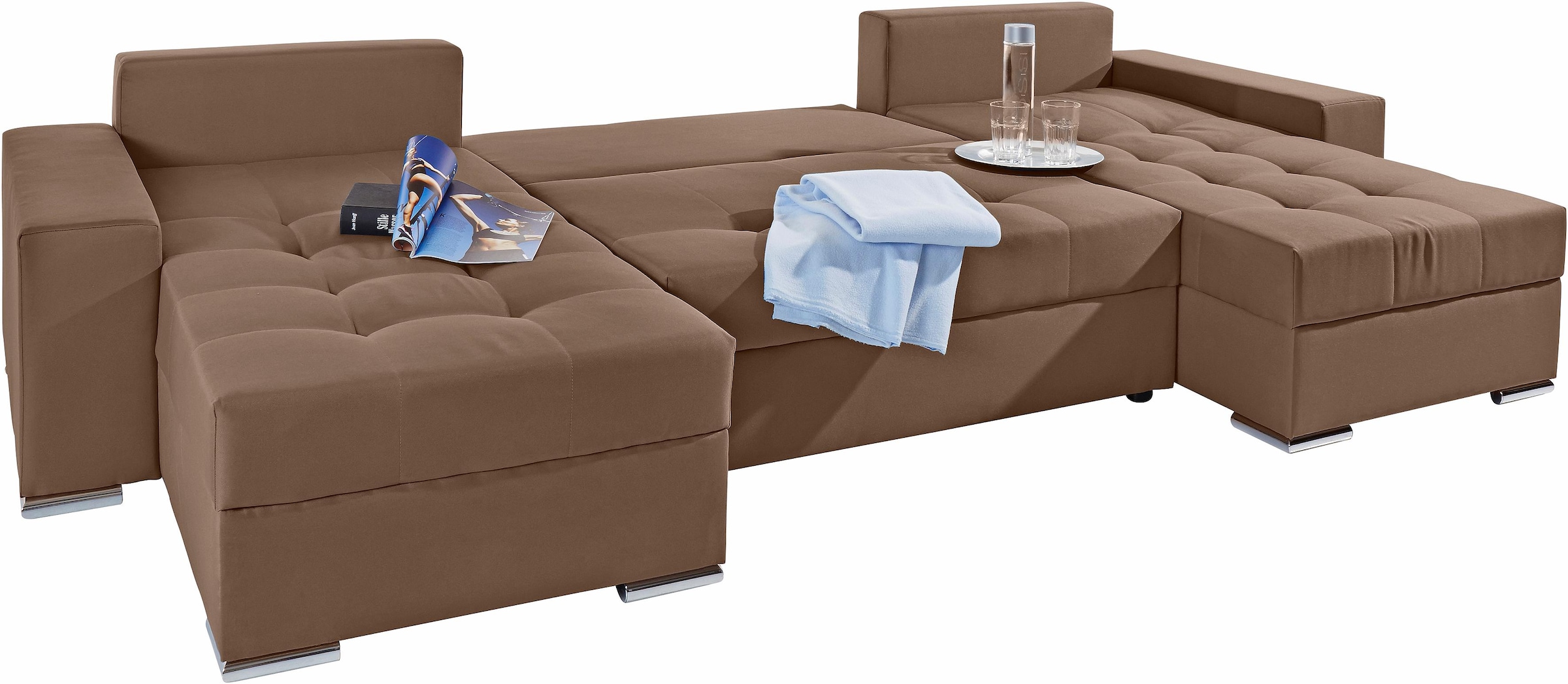 COLLECTION AB Wohnlandschaft »XL-Josy U-Form, Breite 313 cm, Flachgewebe, Struktur, Kunstleder«, inkl. Bettfunktion, Bettkasten, mit 4 gleich großen Rückenkissen