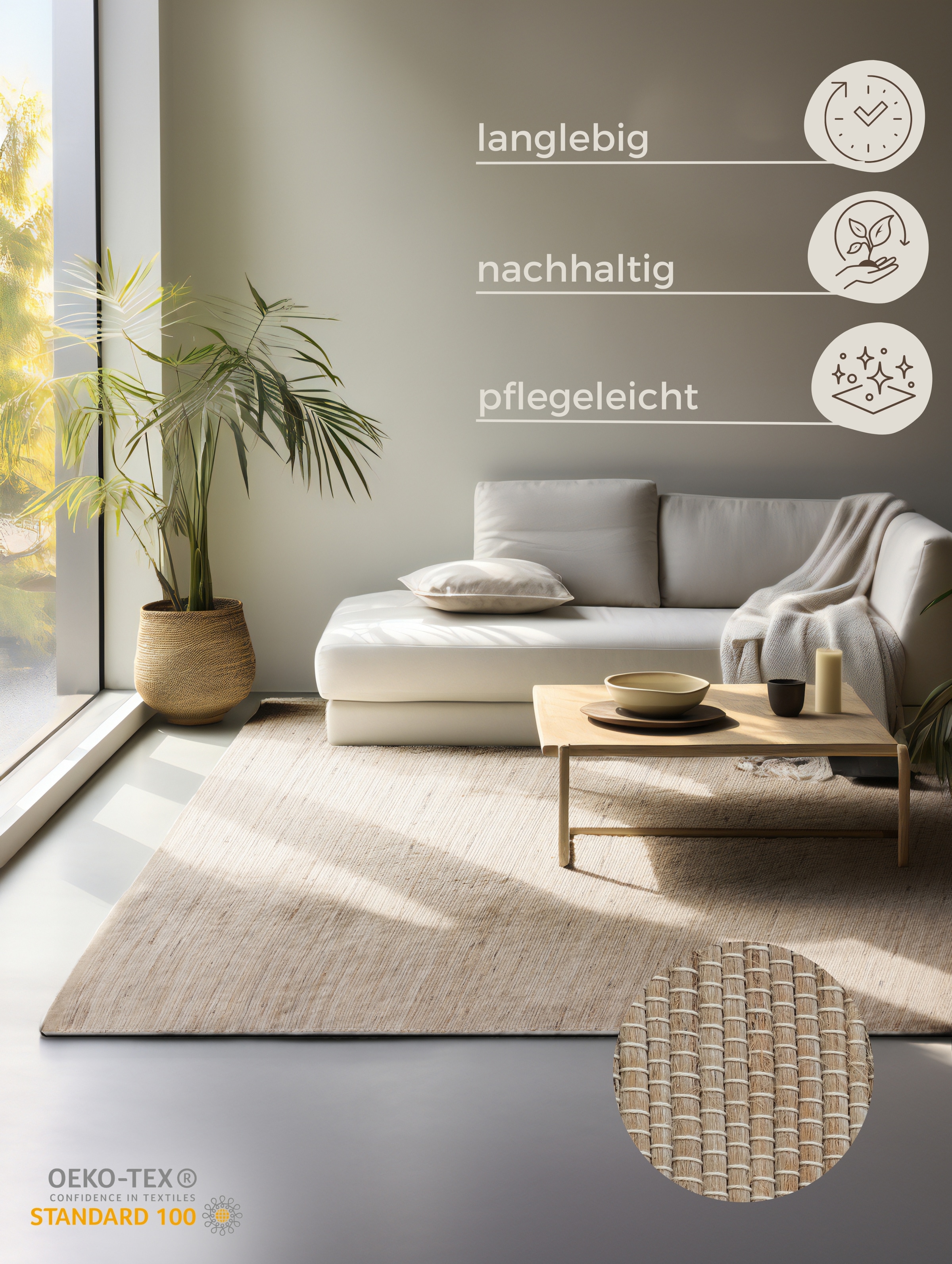 HANSE Home Teppich »Dhaka«, rechteckig, 5 mm Höhe, Handgewebt, Jute, Wolle, günstig online kaufen