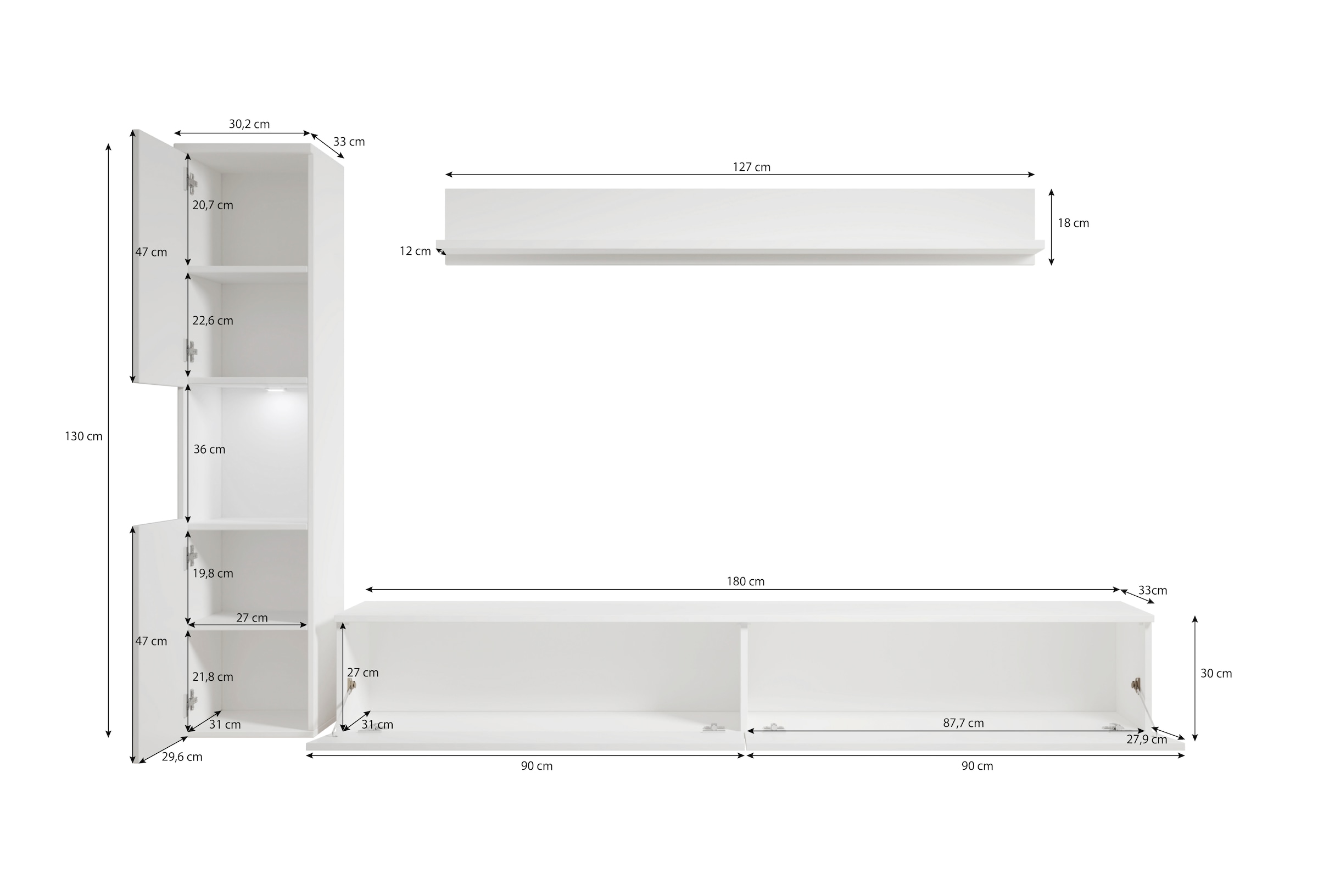 INOSIGN Wohnwand »PARIS«, (Komplett-Set, 3 St.), TV-Wand 220cm breite, grifflose Design, stehend und hängend montierbar