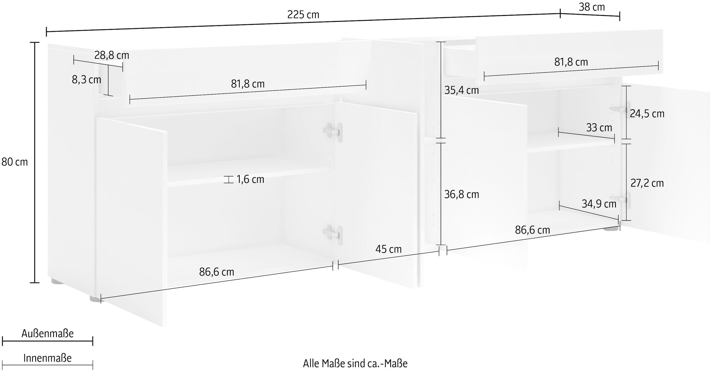 INOSIGN Sideboard »Mister«, Kommode, komplett Hochglanz lackiert, (B/H): 225/80 cm