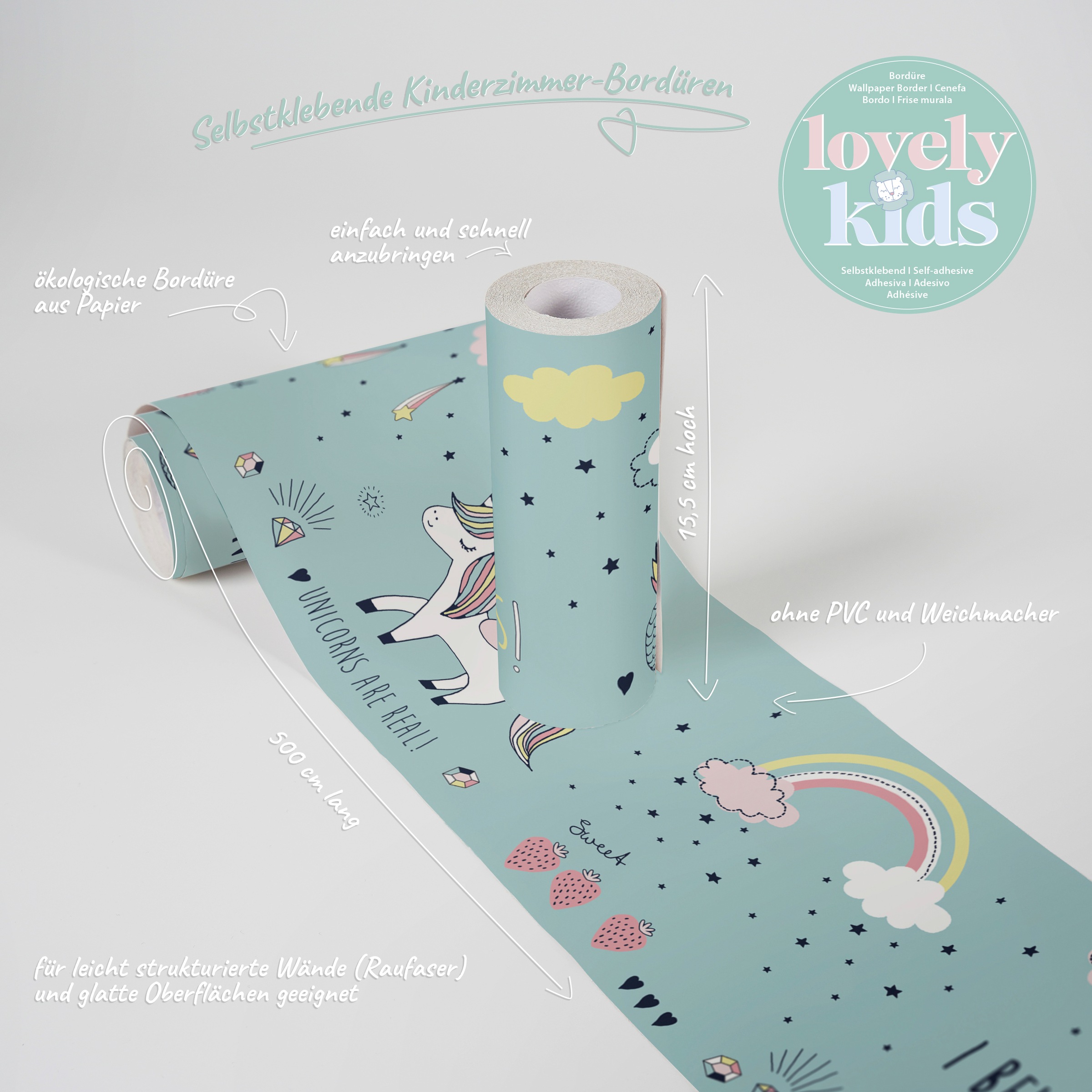 A.S. Création Bordüre »Sweet Unicorn«, Motiv-abstrakt-naturalistisch, Tapete Kinder Bordüre Selbstklebend Einhorn Türkis Borte Design Optik