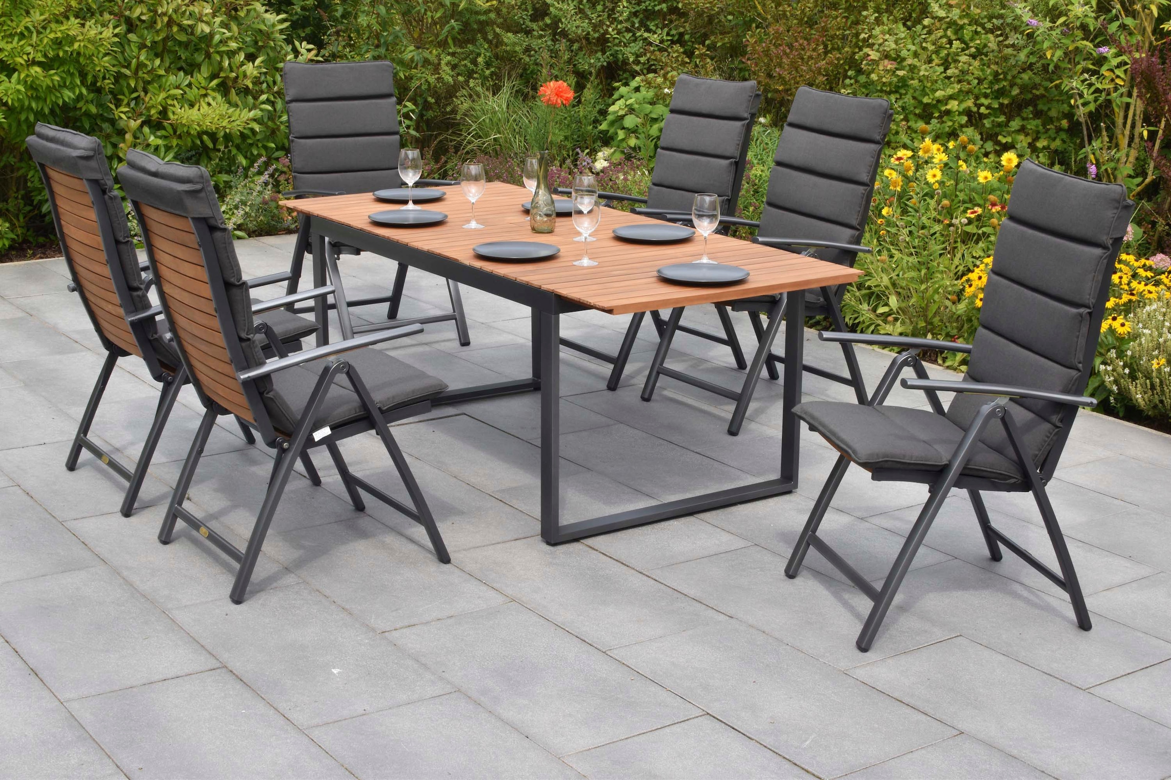 MERXX Garten-Essgruppe »Santorin« Set, 13 tlg. inkl. 6 Klappsessel, 6 Auflagen, 1 Ausziehtisch