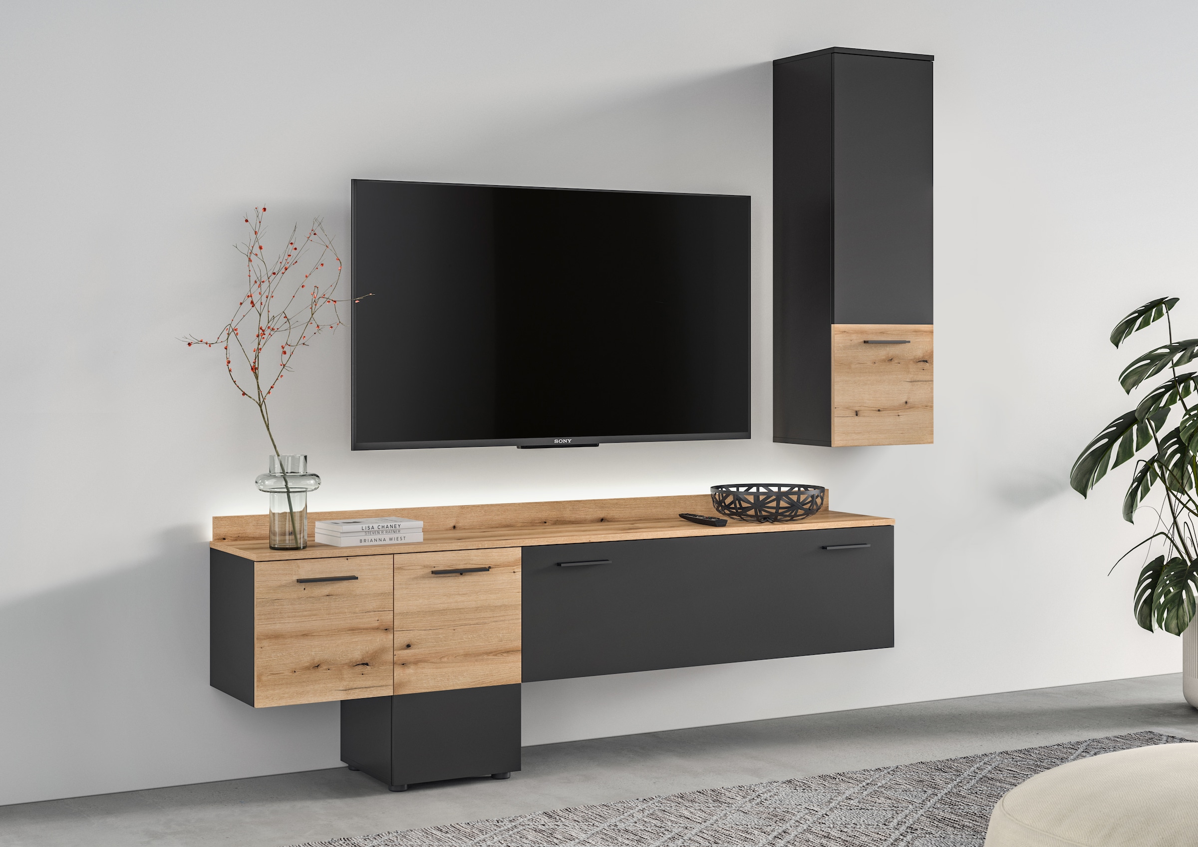 INOSIGN Wohnwand »Laport, Breite 195cm, inkl. 1 Lowboard mit indirekter Beleuchtung &«, (2 St.), 1 Hängeschrank, TV-Wand, TV-Möbel, Mediawand, Wohnkombination
