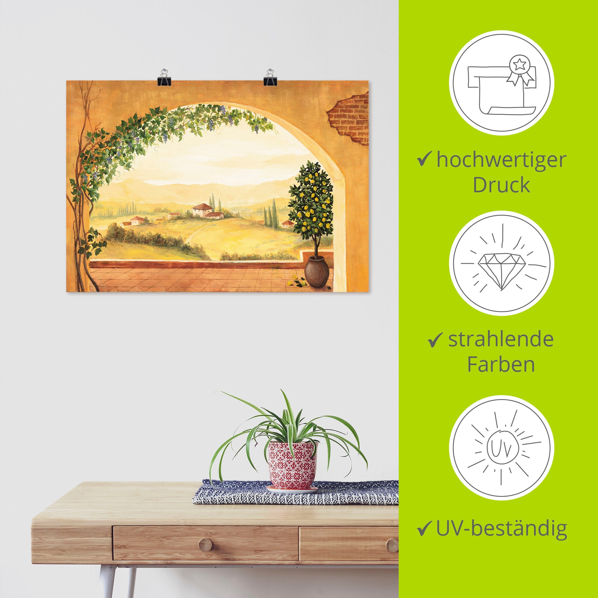 Artland Wandbild »Weinranken vor der Toskanalandschaft«, Fensterblick, (1 St.), als Leinwandbild, Poster in verschied. Größen