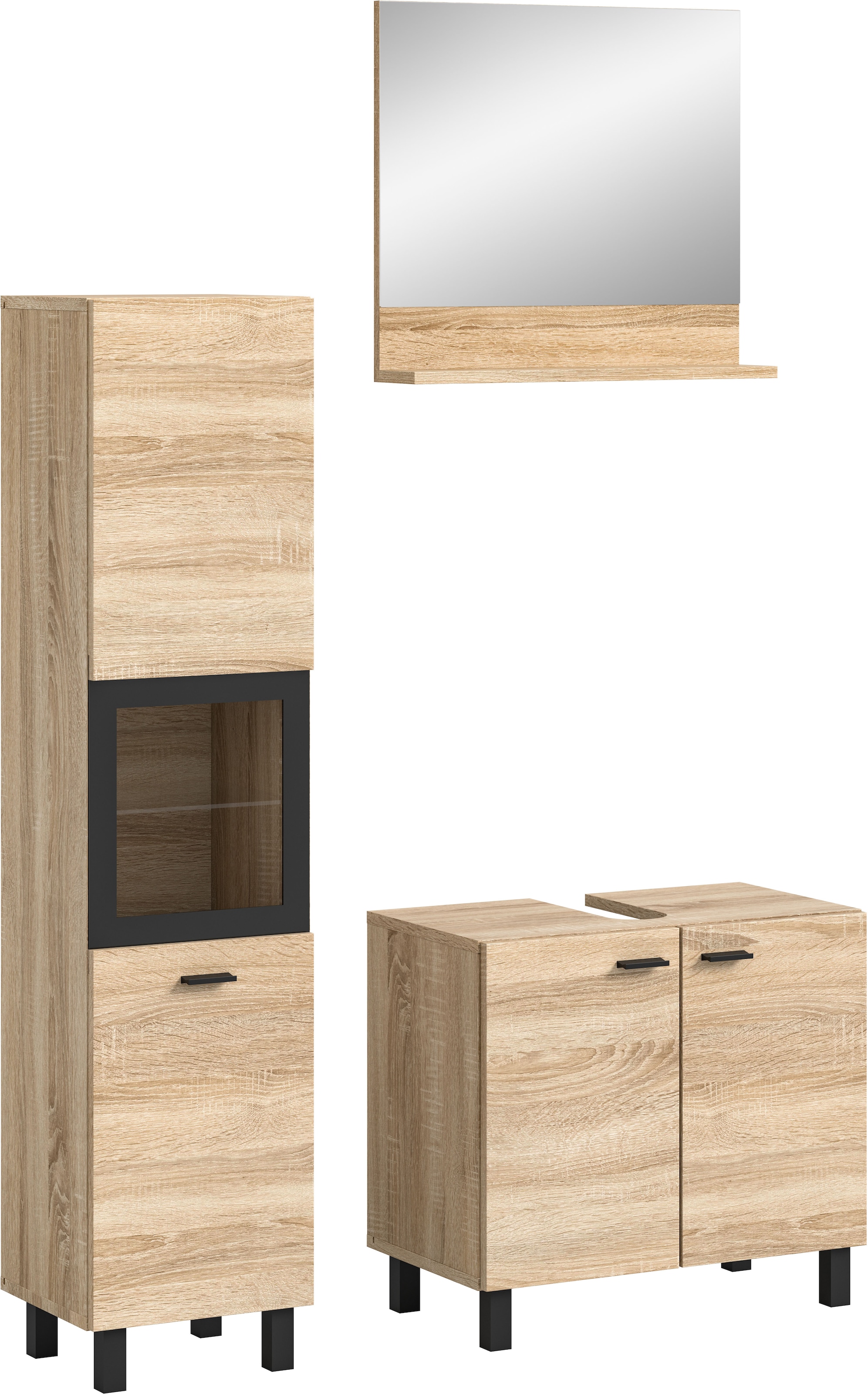 welltime Badmöbel-Set »Tampa, Breite 102cm, 3-teilig«, (3 St.), Waschbeckenunterschrank, Spiegel, Hochschrank