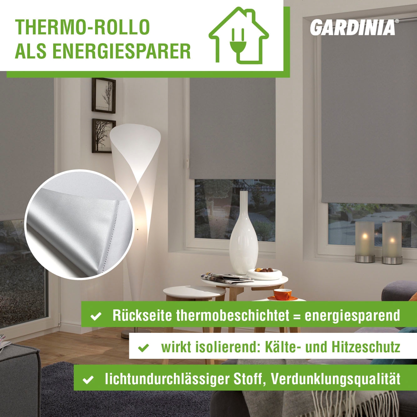 GARDINIA Seitenzugrollo »Uni-Rollo - Thermo verdunkelnd, und Energiesparend«, schnell energiesparend, bestellen in bequem weiß Abschlussprofil