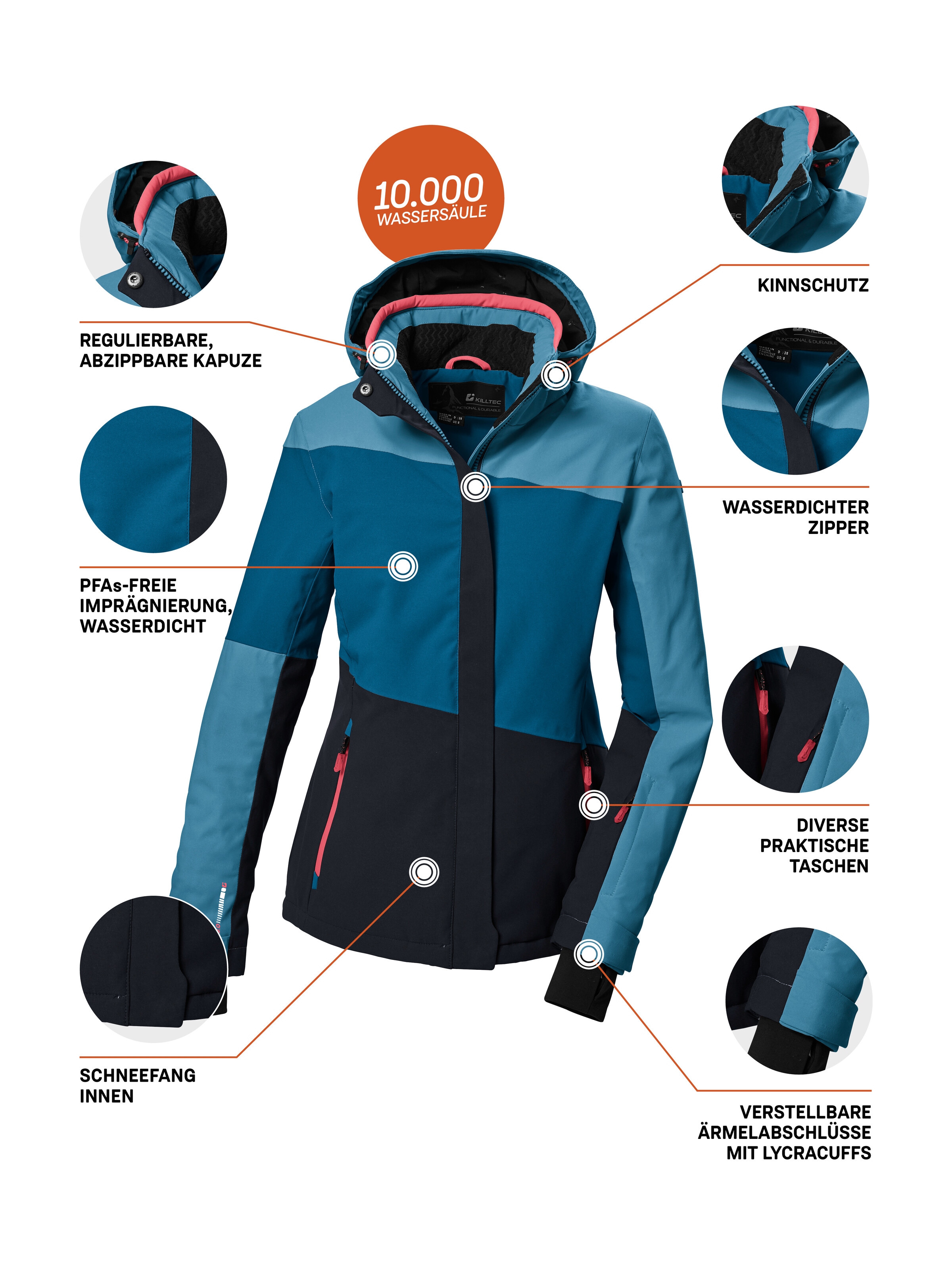Killtec Skijacke »KSW 67 WMN SKI JCKT«, Damen Skijacke: wasserdicht, atmungsaktiv, abnehmbare Kapuze
