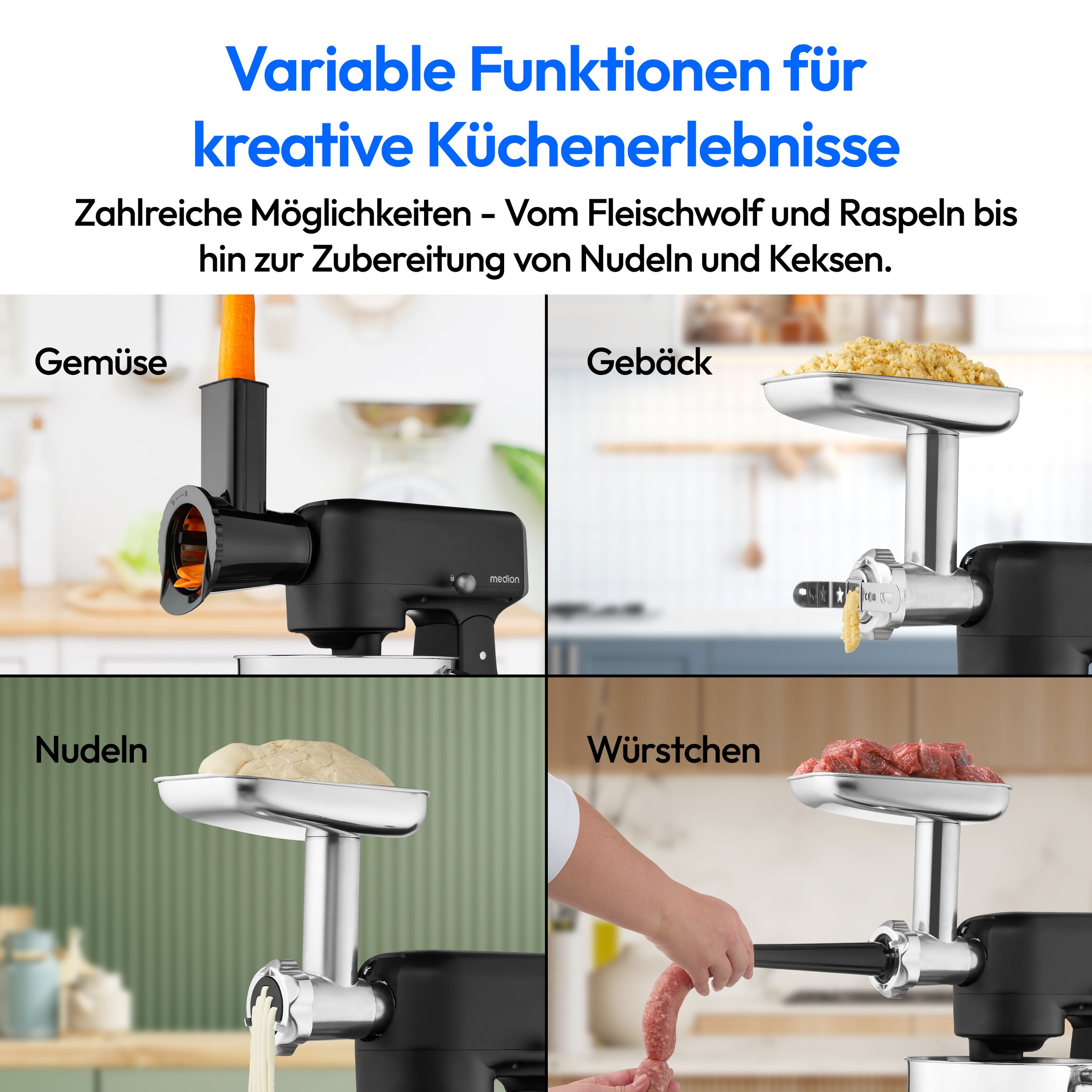 Medion® Küchenmaschine »MD 12600, 8 Geschwindigkeitsstufen, Impulsfunktion, DC-Motor, 4,6 L«, Mit umfangreichem Zubehör-Set, Fleischwolf-Aufsatz, Gemüsereibe