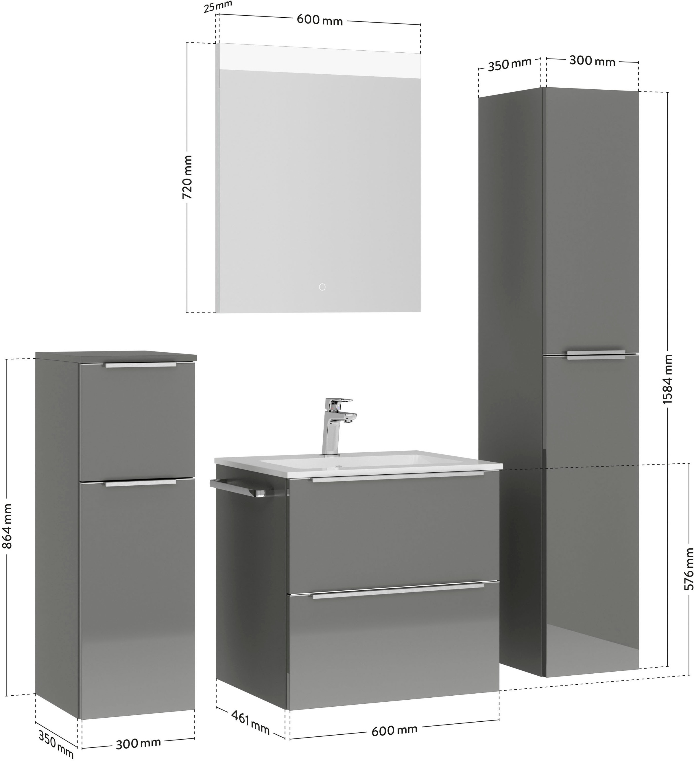 nobilia® Badmöbel-Set »Levere«, (4 St., vormontiert, mit Soft-Close), Hochglanz, inkl. Spiegel mit Touch-Sensor, in vier Breiten