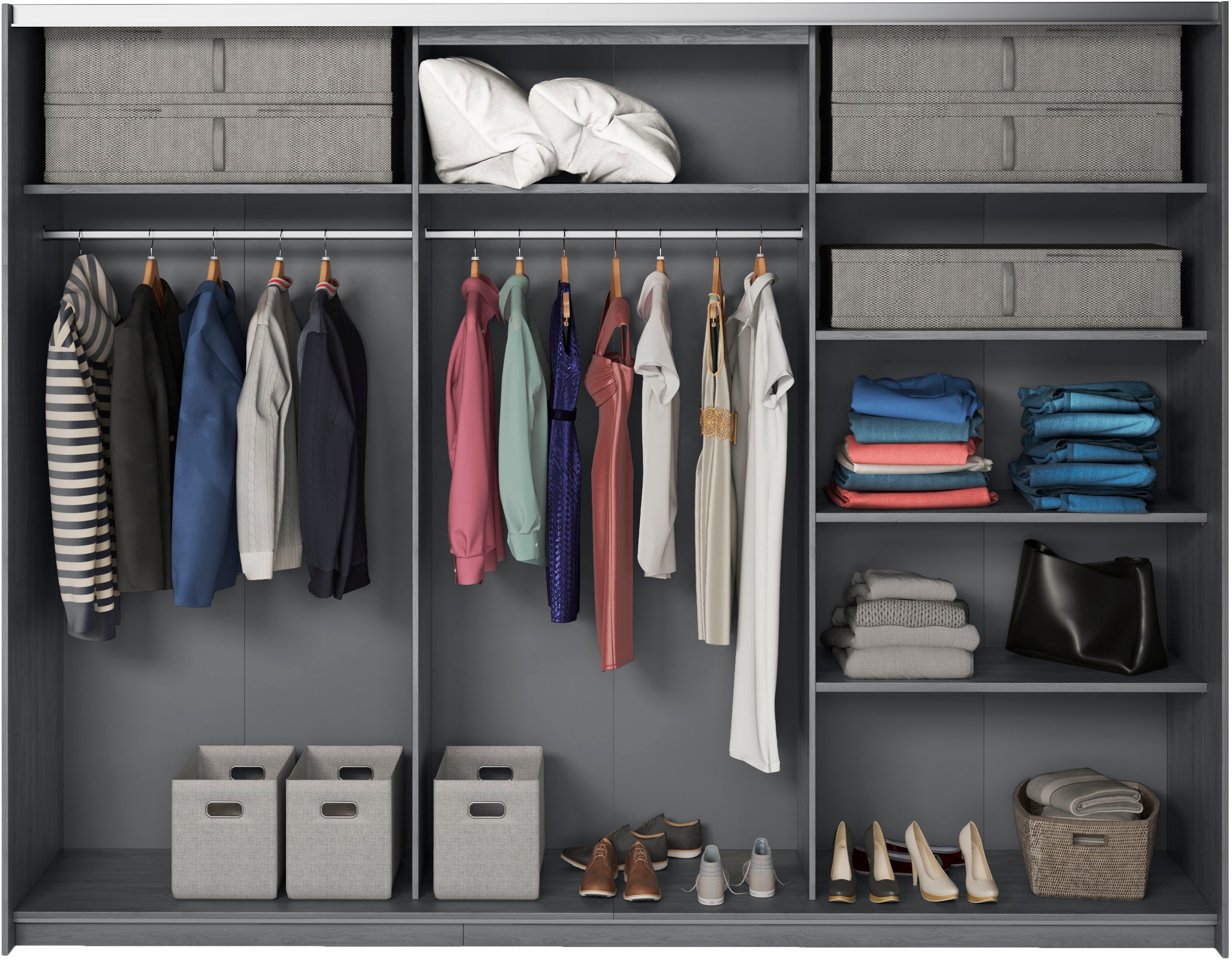 INOSIGN Schwebetürenschrank »Galaxy Kleiderschrank, Wäscheschrank 200, 220 oder 270cm breit«, INKLUSIVE kompletter Innenausstattung, Metallgriffe