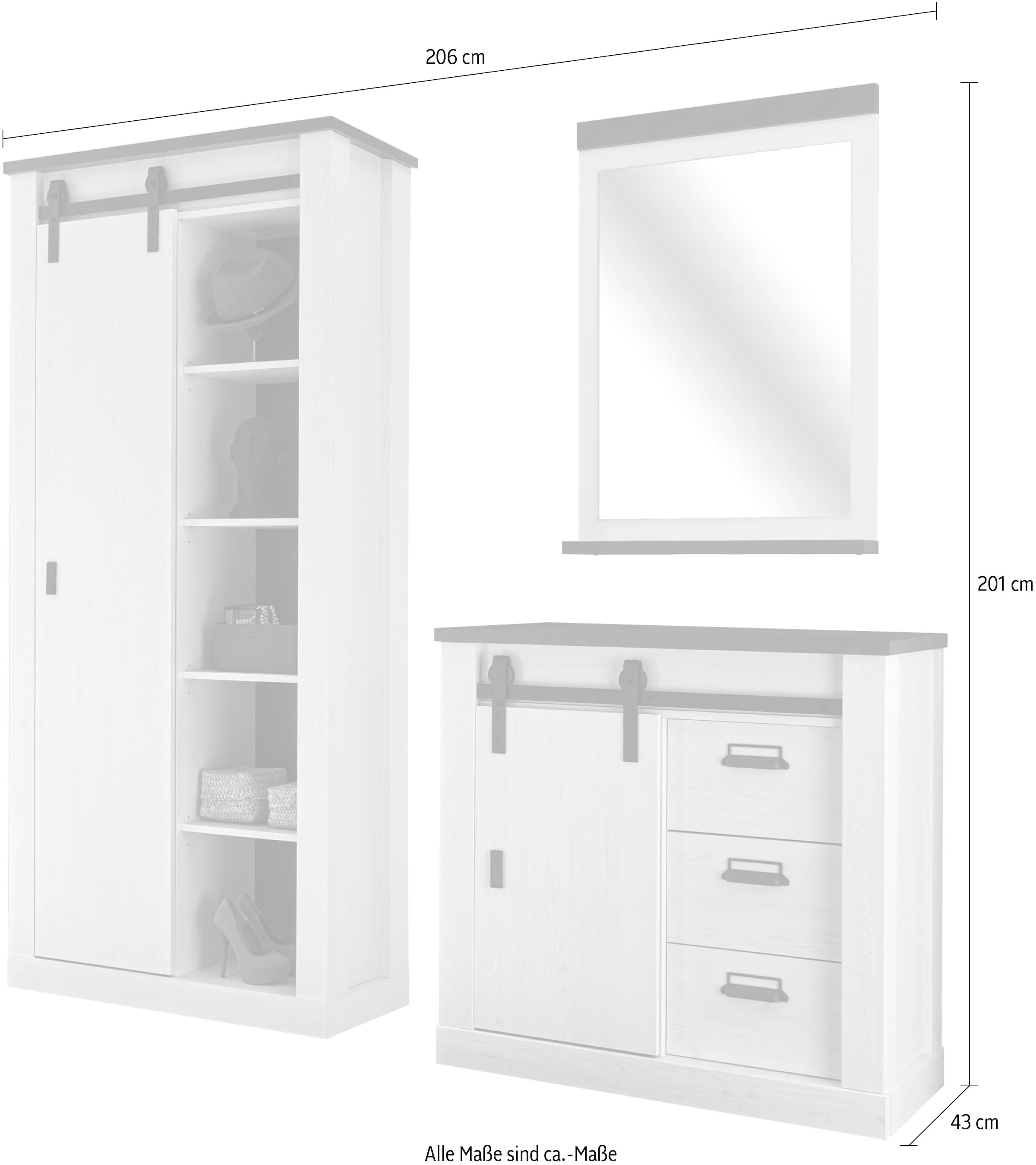 Home affaire Garderoben-Set »SHERWOOD«, (3 St.), mit Scheunentorbeschlag, Apothekergriffe aus Metall