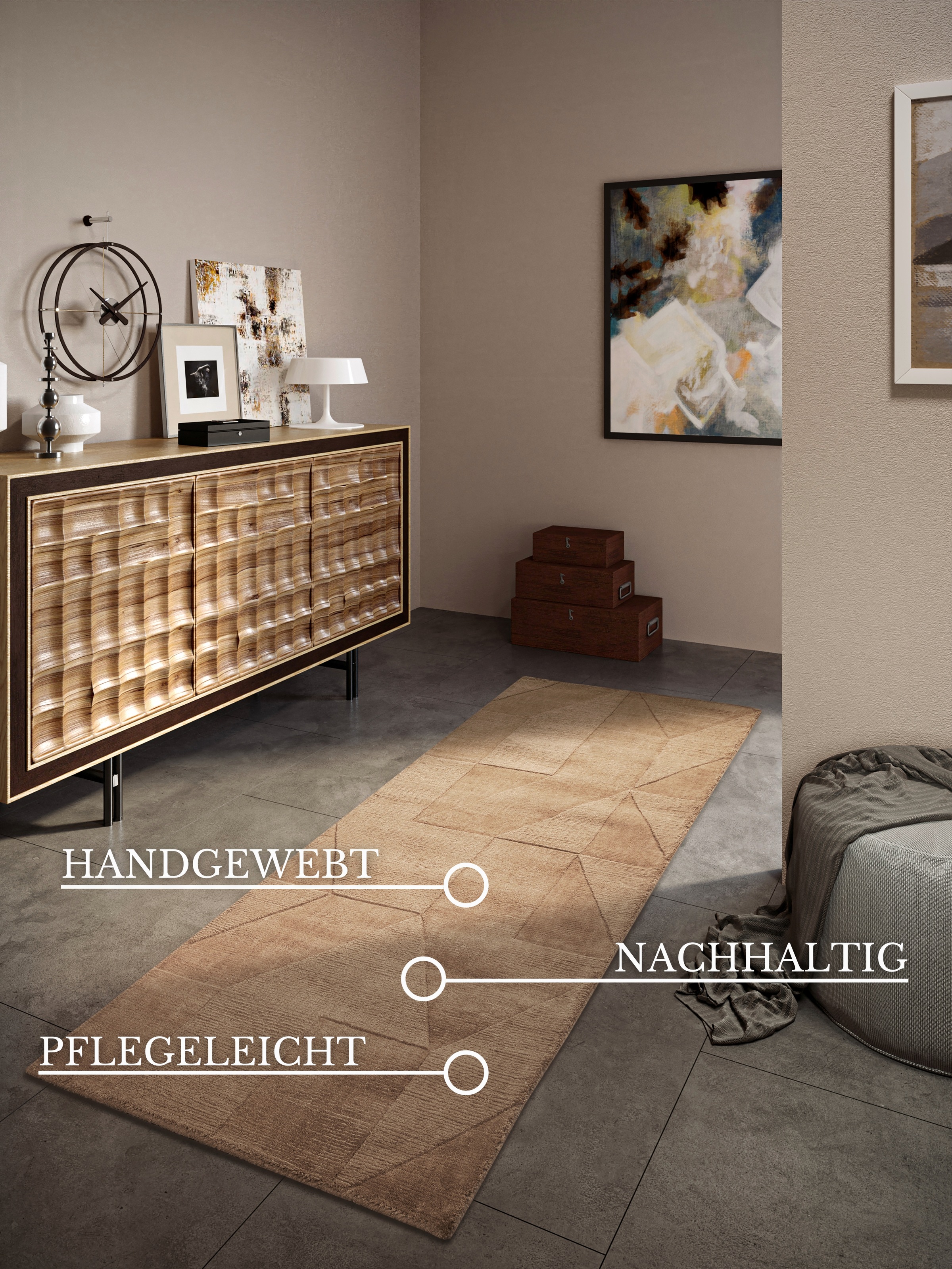 Villeroy & Boch Wollteppich »Ursule«, rechteckig, 10 mm Höhe, Läufer, handgewebt, Wolle, Natur, Wohnzimmer, Geometrie, Boho