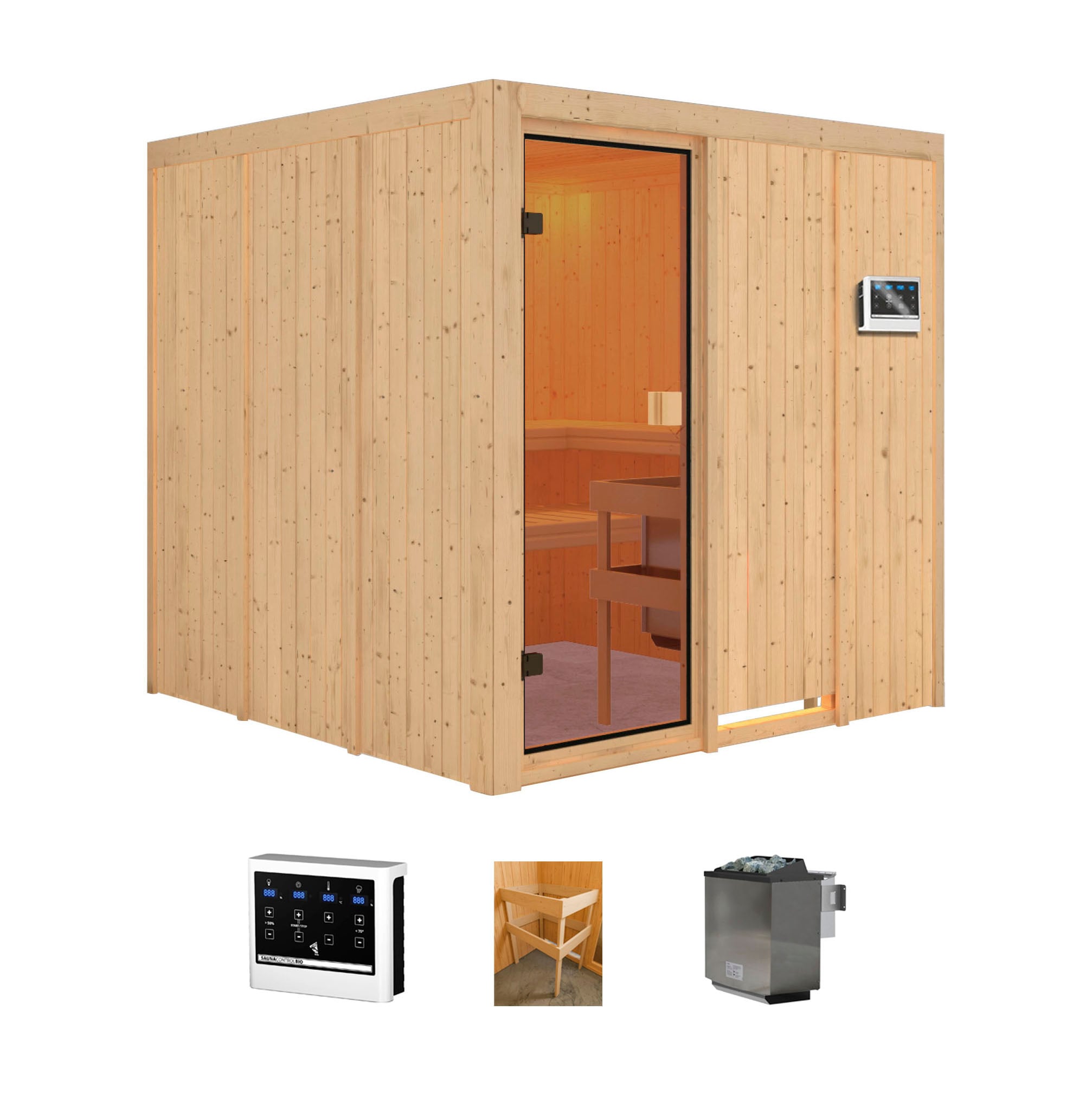Sauna „Mars“, (Set), 9 kW-Bio-Ofen mit ext. Steuerung naturbelassen