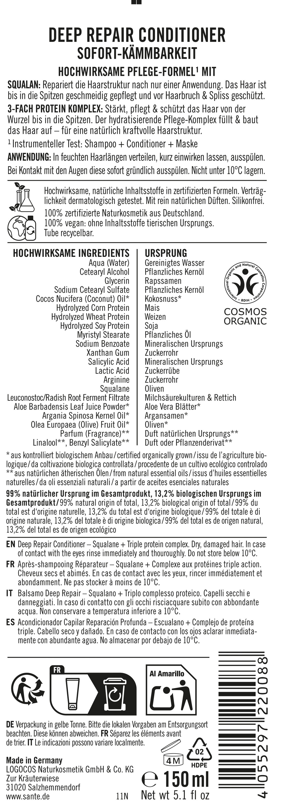 SANTE Haarspülung »Deep Repair Conditioner Squalan + 3-Fach Protein Komplex« Haarspülung, mit Kokosöl, Arganöl und Olivenöl, für strapaziertes Haar