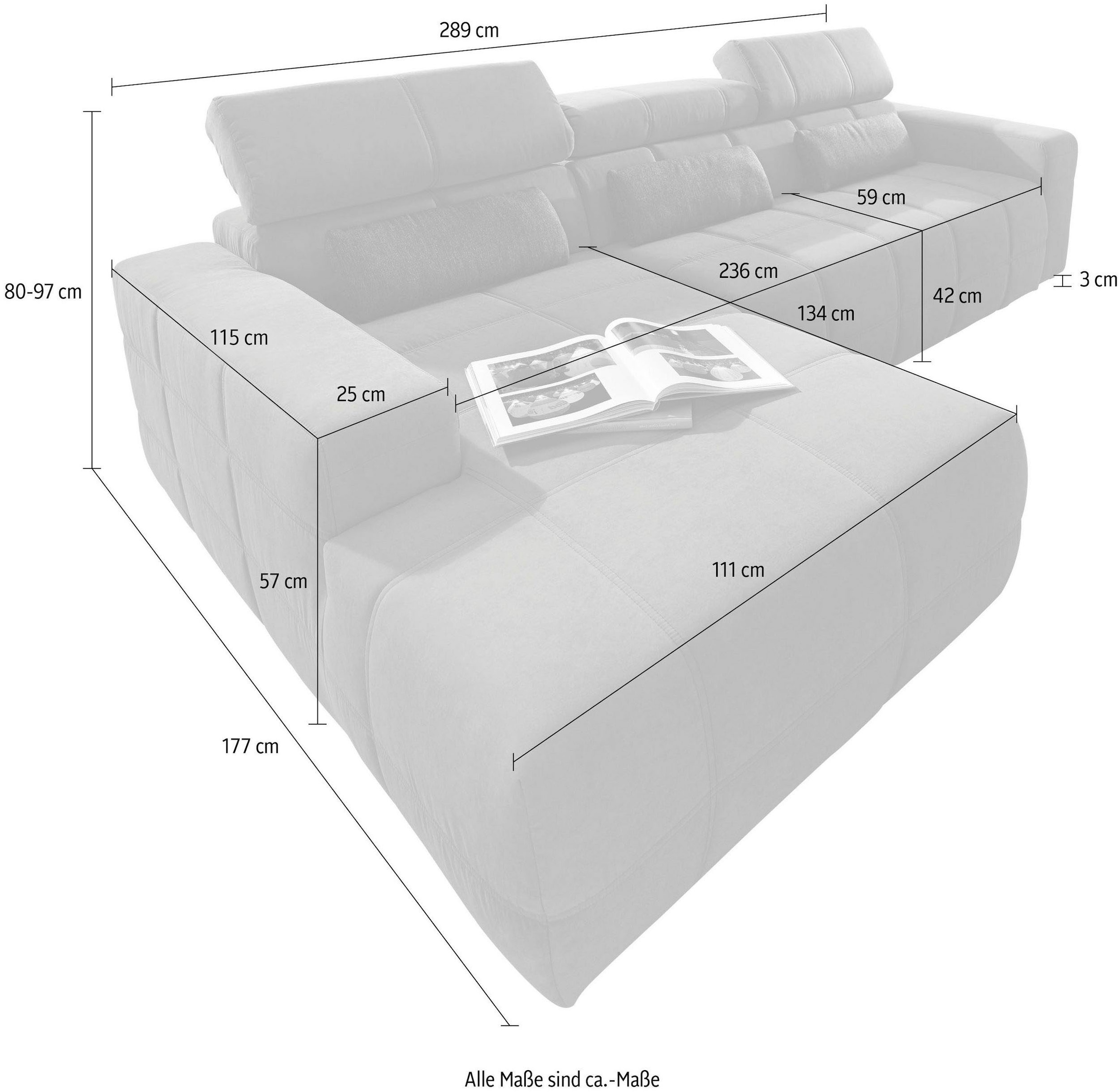 DOMO collection Ecksofa »Brandon große Ausführung B/T/H: 289/177/80 cm, auch in Leder und Cord«, mit Kopfteilverstellung, wahlweise Sitztiefenverstellung, L-Form