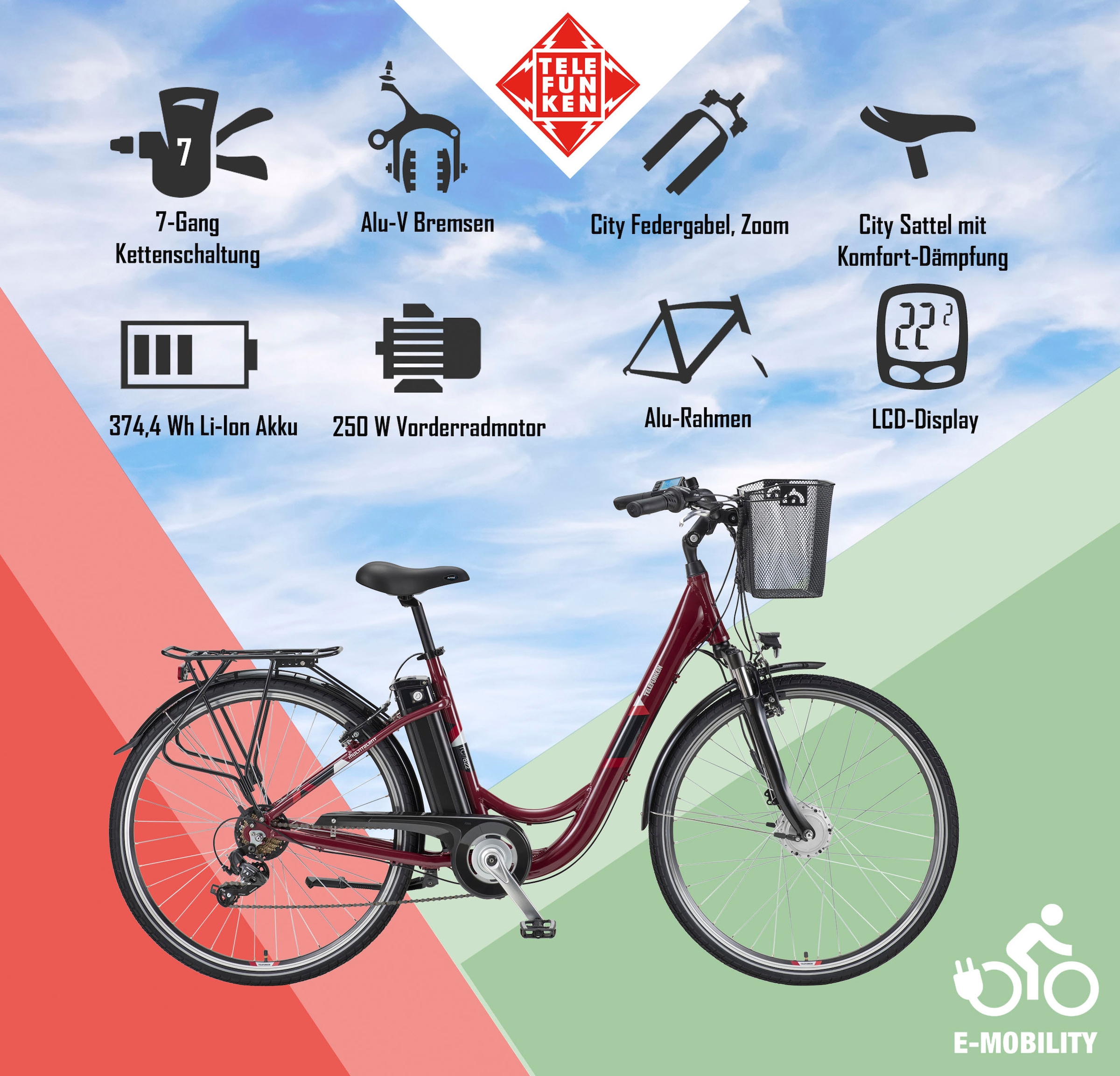 Telefunken E-Bike »Multitalent RC822«, 7 Gang, Shimano, Tourney, Frontmotor 250 W, (ca. 100 km Reichweite-2 V-Bremsen-Beleuchtung-Straßenzulassung), City Elektrofahrrad, Damen Herren, 28 Zoll, 36 V 374 Wh Akku, Pedelec