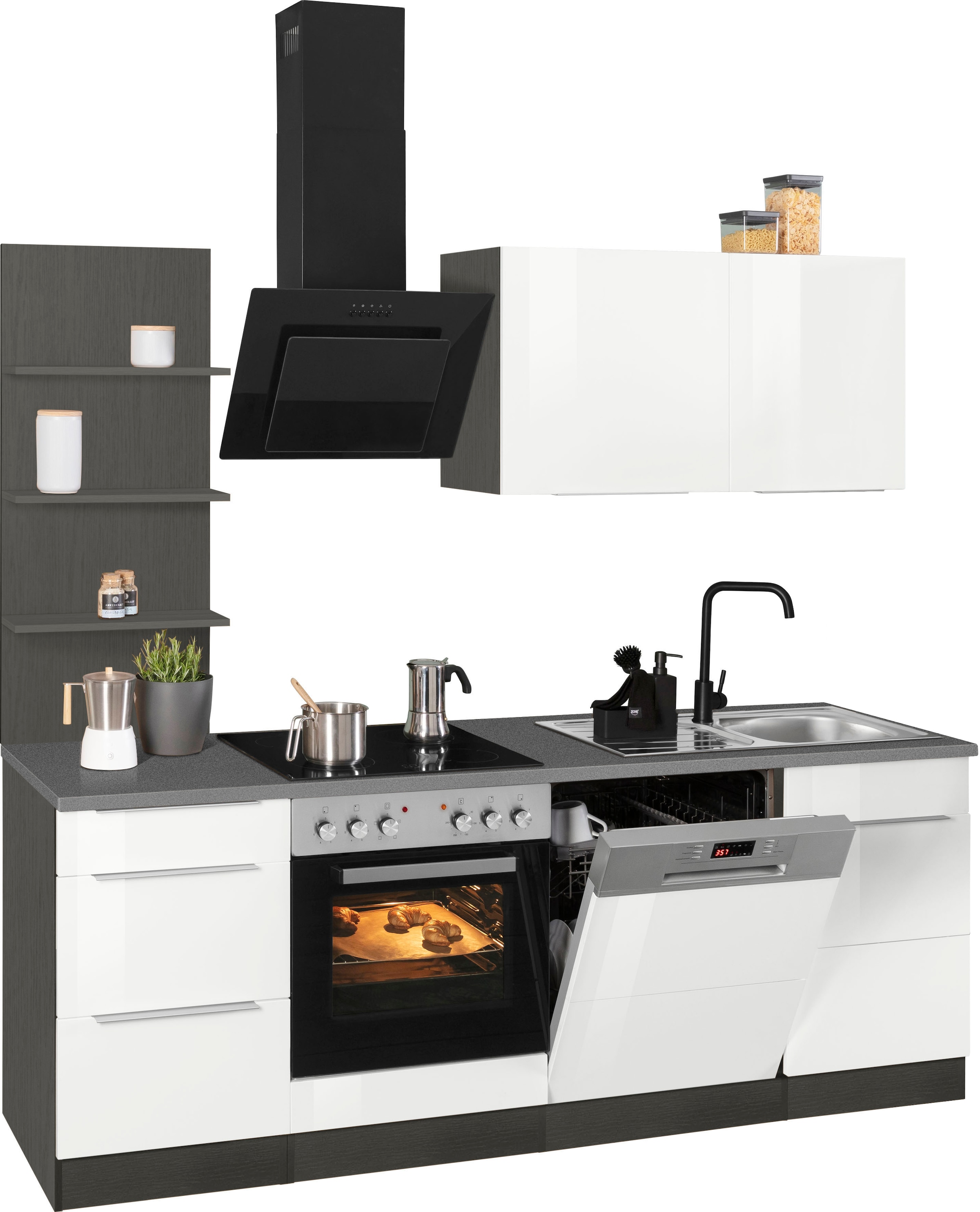 KOCHSTATION Küchenzeile »KS-Brindisi«, Breite 220 cm, wahlweise mit E-Geräten, mit MDF-Fronten und Regal