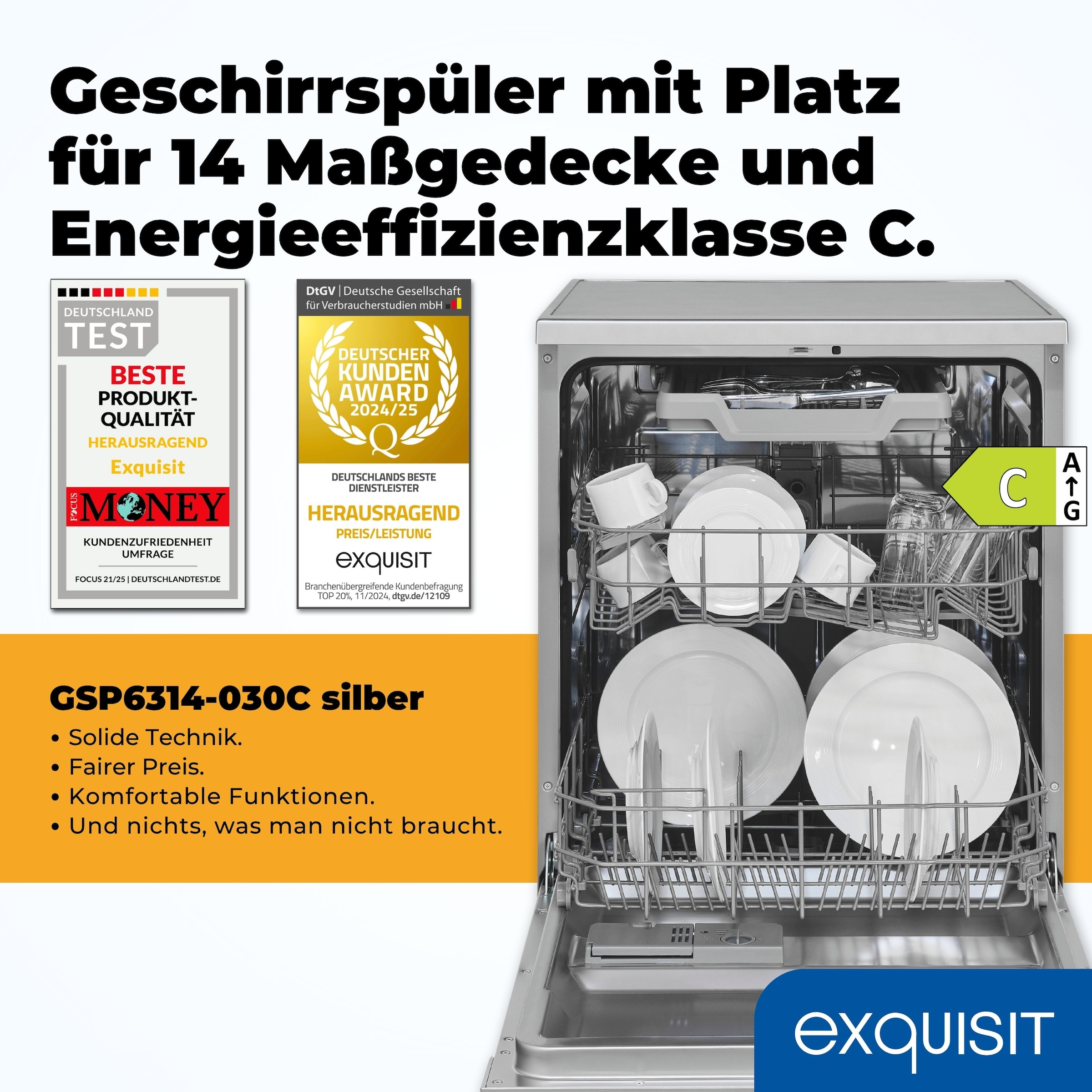 exquisit Standgeschirrspüler 6314 »GSP6314-030C silber« 10,2 l 14 tlg. Maßgedecke 14 Maßgedecke, 6 Programme, LED, Besteckschublade