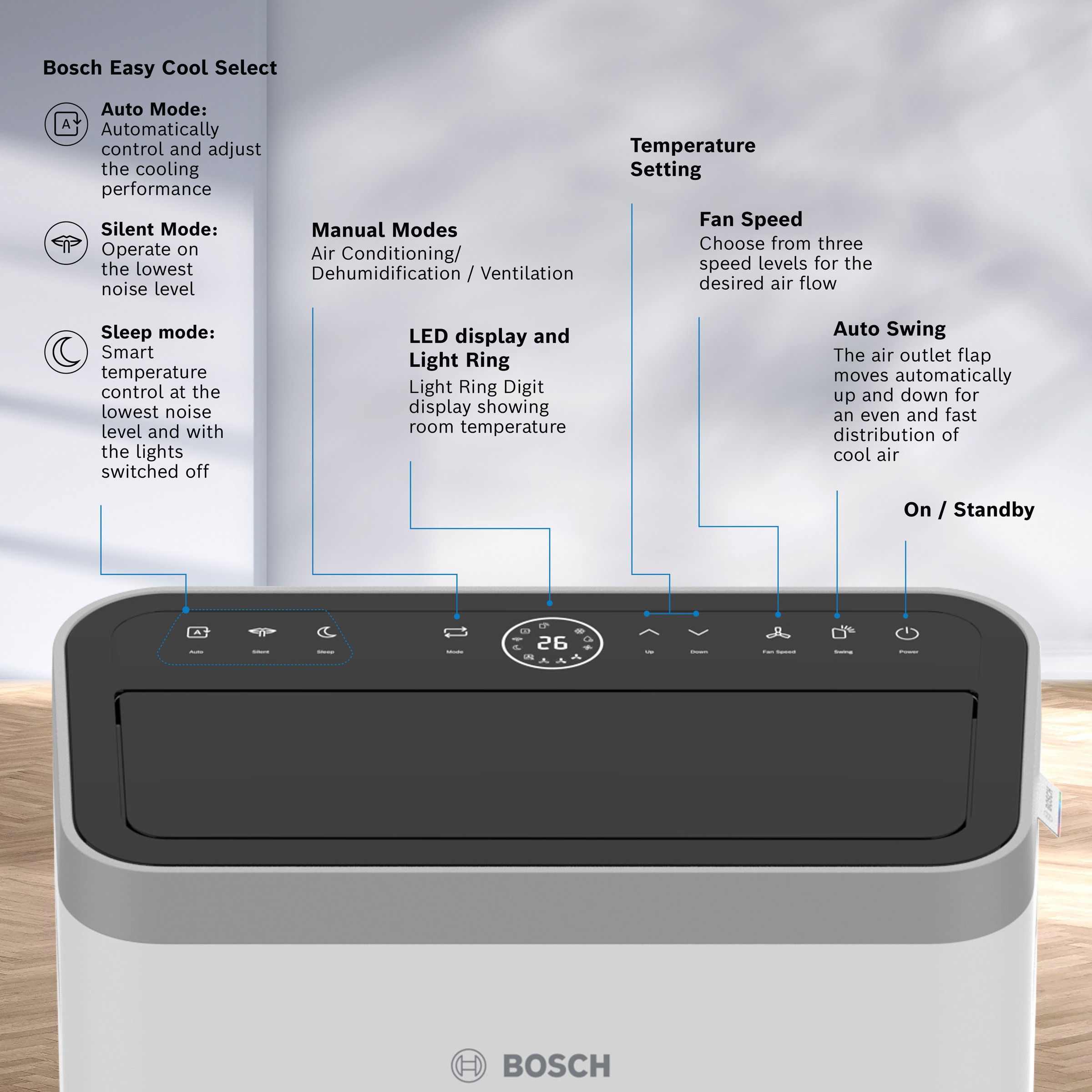 BOSCH 3-in-1-Klimagerät »Cool 2000 - 3-in-1 Klimaanlage, Luftentfeuchter, Ventilator« Ventilator in 3 Stufen, Entfeuchtung bis zu 50 l/Tag