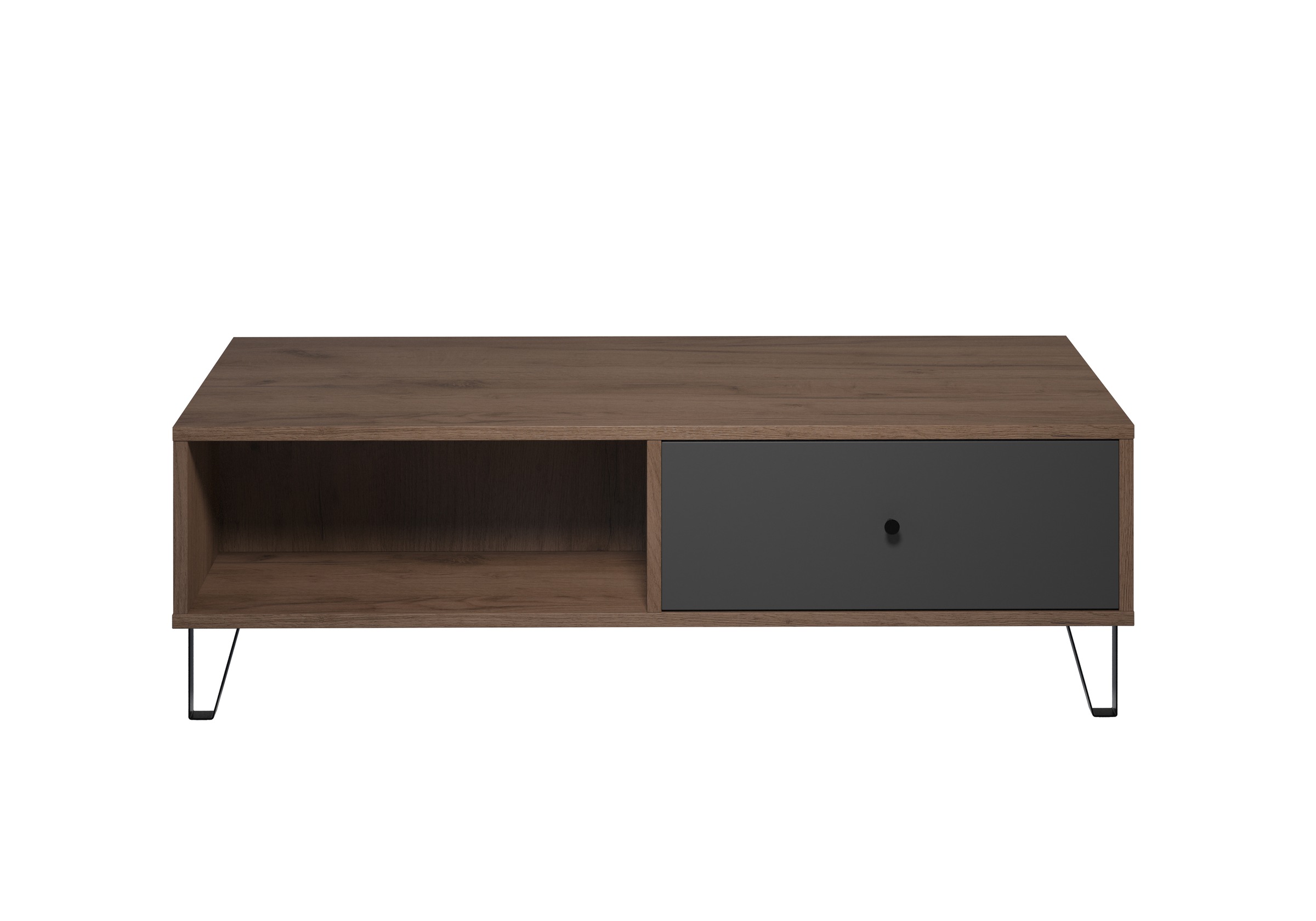 Places of Style Couchtisch »Molveno«, (1 St.), Sofatisch mit 2 Fächern, Schubladen und extravaganten Metall-Füßen