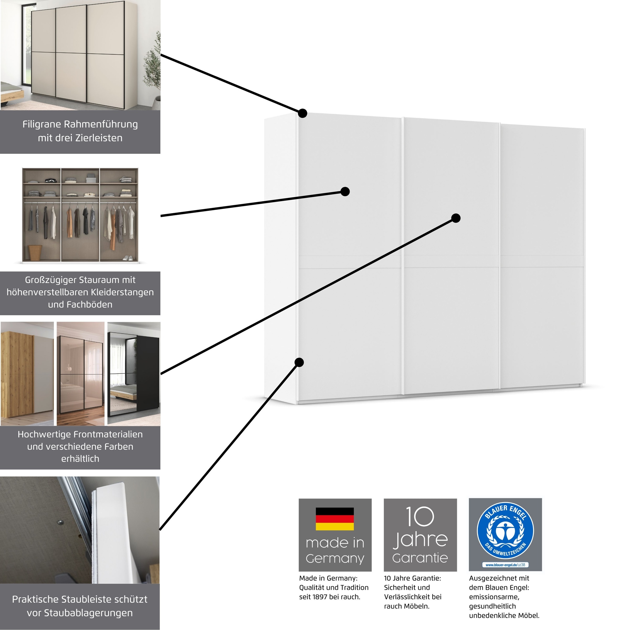 rauch Schwebetürenschrank »Kleiderschrank Schrank Garderobe Schlafzimmerschrank SCALE-DUO«, edle zweigeteilte Türen und 3 Zierleisten MADE IN GERMANY