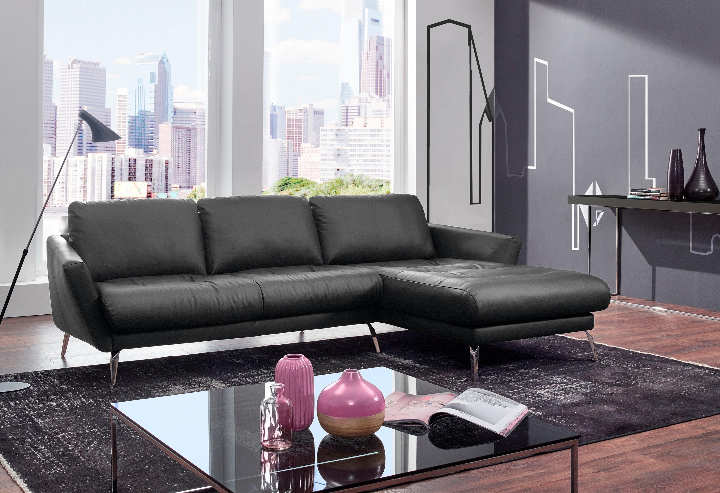 W.SCHILLIG Ecksofa »softy, Designsofa, zeitlos und elegant, hoher Sitzkomfort, L-Form«, mit dekorativer Heftung im Sitz, Füße Chrom glänzend
