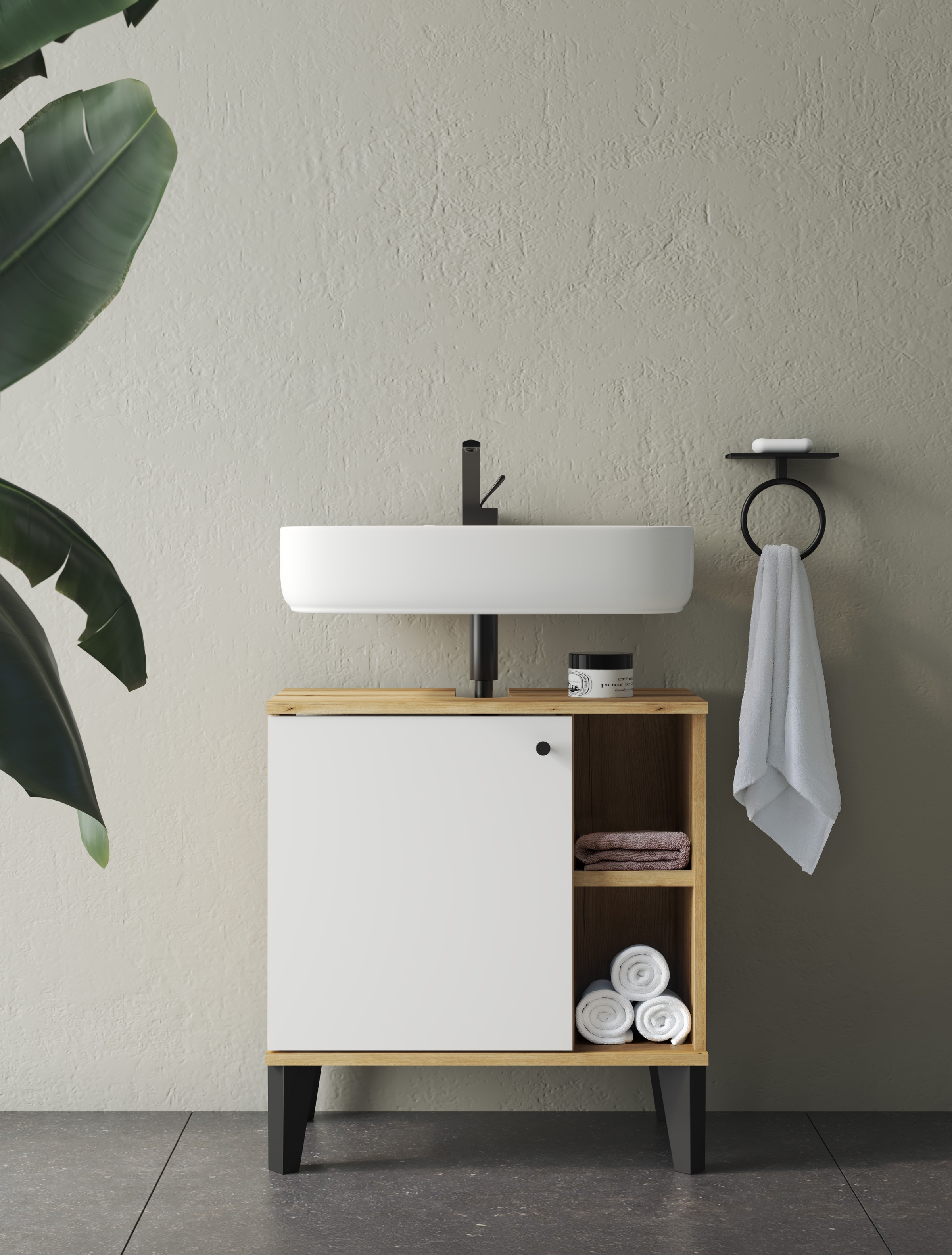 INOSIGN Waschbeckenunterschrank »Oslo, Waschtisch mit Knopfgriff, Badschrank im skandinavischen Design«, in der Türfarbe Weiß oder Grau verfügbar, ausreichend Stauraum