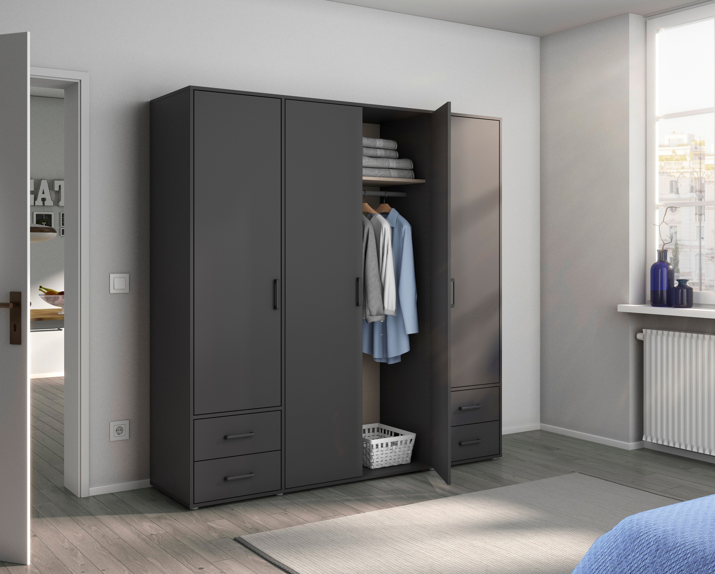 rauch Drehtürenschrank »Kleiderschrank Schrank Garderobe Wäscheschrank VOYAGER«, (in 3 verschiedenen Ausstattungen BASIC/CLASSIC/PREMIUM), moderne Griffe in Graumetallic mit Außenschubkästen MADE IN GERMANY