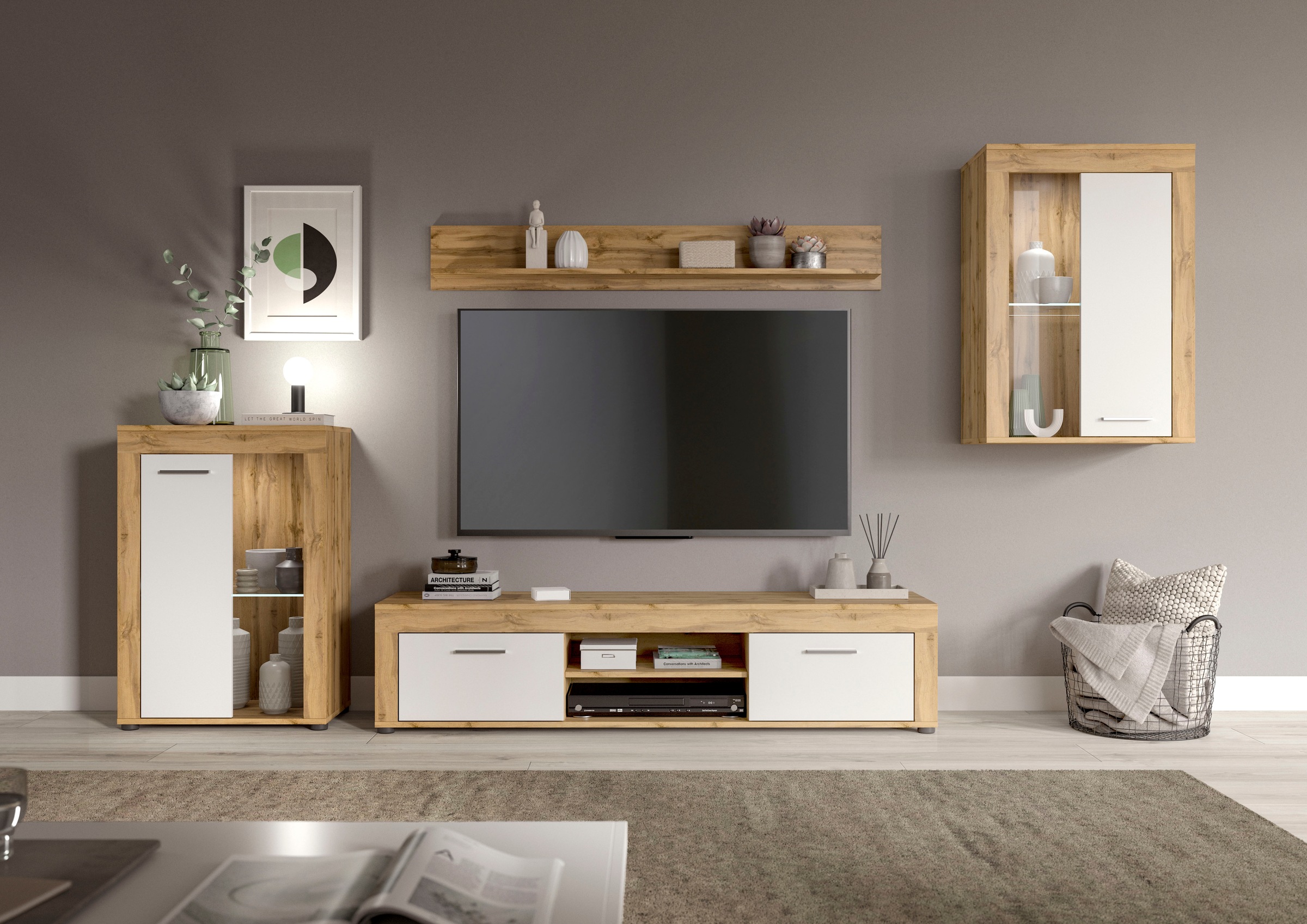 INOSIGN Wohnwand »Aosta, 4-tlg., bestehend aus: 2x Vitrine, Lowboard & Wand günstig online kaufen