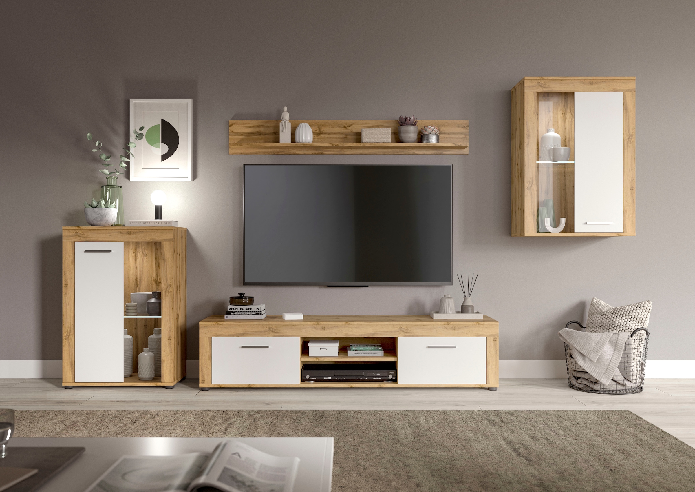 INOSIGN Wohnwand »Aosta, 4-tlg., bestehend aus: 2x Vitrine, Lowboard & Wand günstig online kaufen