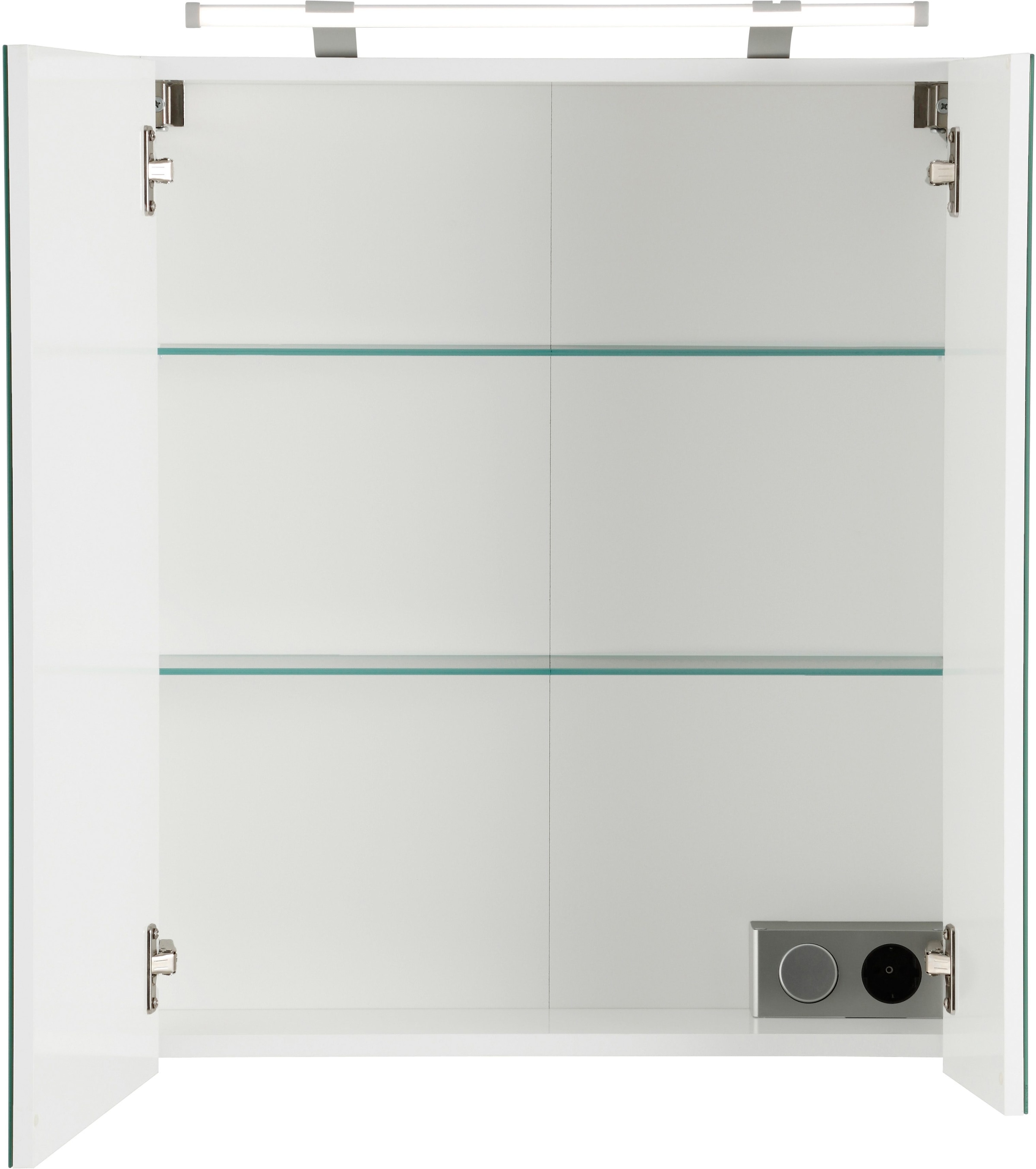 Schildmeyer Spiegelschrank »Dorina, mit höhenverstellbaren Glasböden«, Breite 60 cm, 2-türig, LED-Beleuchtung, Schalter-/Steckdosenbox