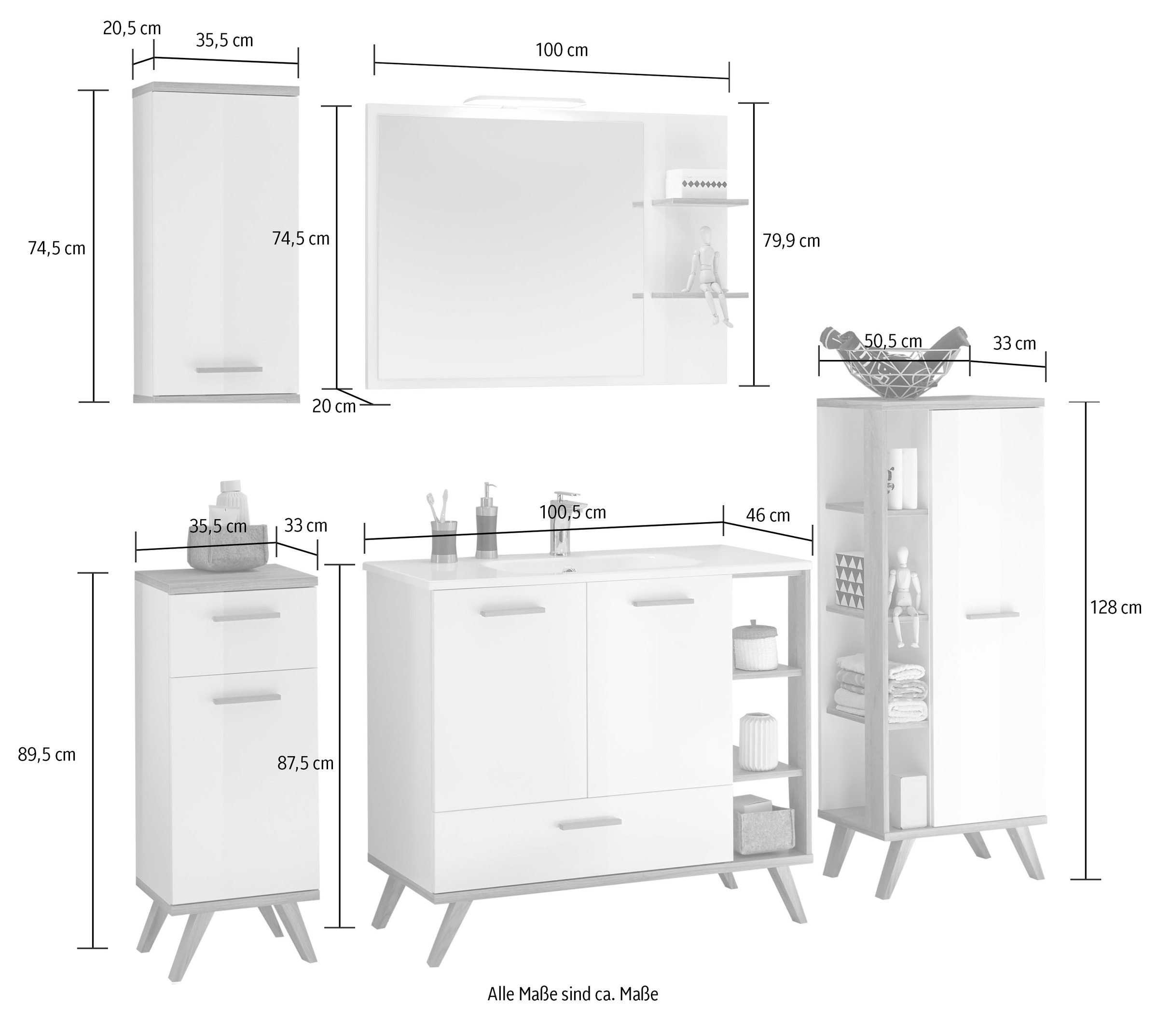 Saphir Badmöbel-Set »Quickset Mineralmarmor-Waschtisch mit LED-Spiegel, Unterschrank«, (7 St.), Hängeschrank, Midischrank, 5 Türen, 2 Schubladen, 7 Glas-Einlegeböden