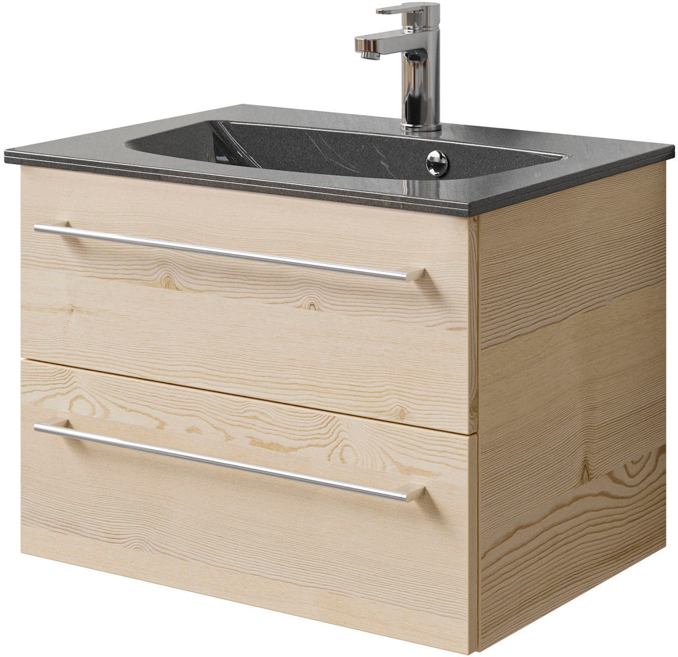 Saphir Badmöbel-Set »Serie 6025 2-teilig Mineralmarmor-Waschtisch mit LED-Spiegelschrank«, (2 St.), Waschplatz 67 cm breit, 2 Schubladen, 2 Spiegel-Türen, inkl Türdämpfer