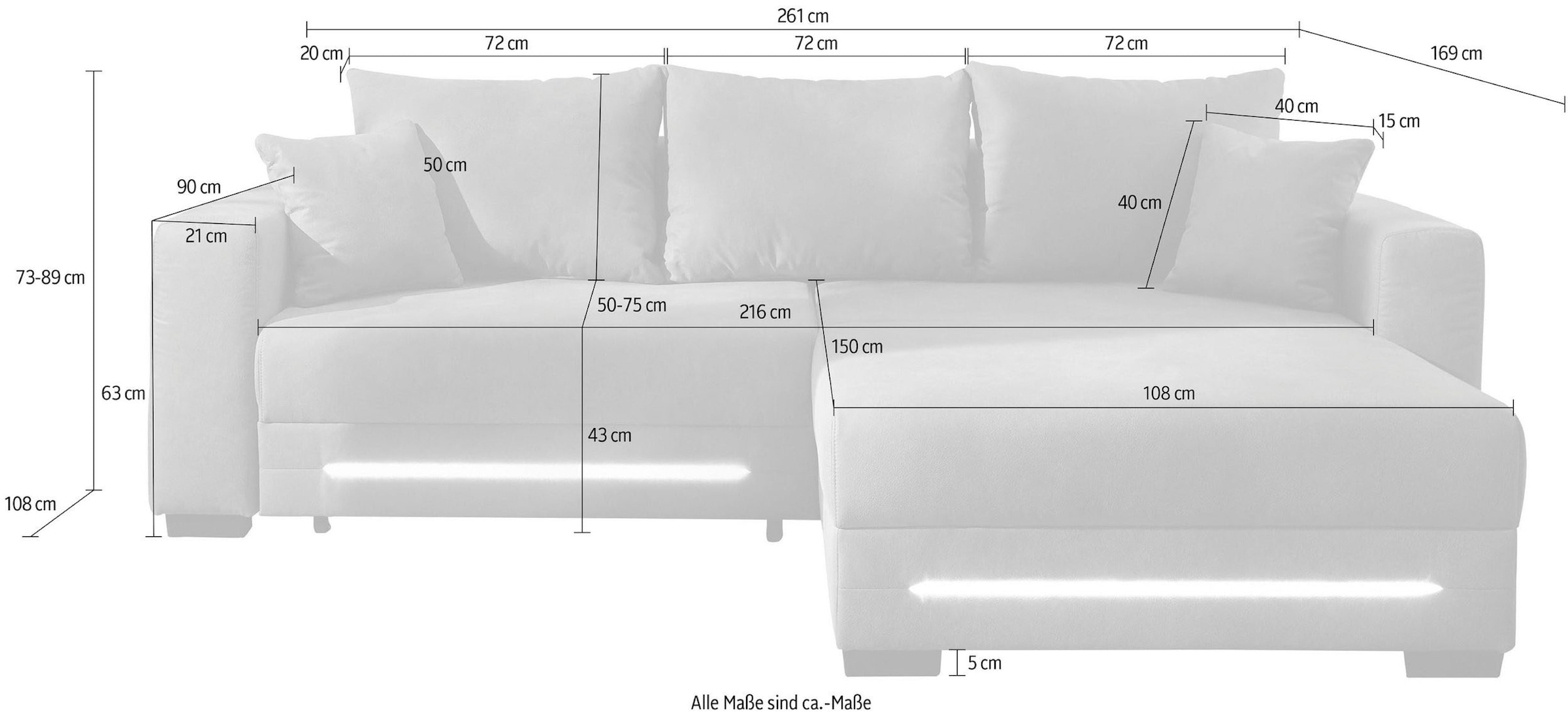 Jockenhöfer Gruppe Ecksofa »Spotlight XL L-Form, B: 261 cm« mit Bettfunktion, Bettkasten, Licht & 2 Zierkissen