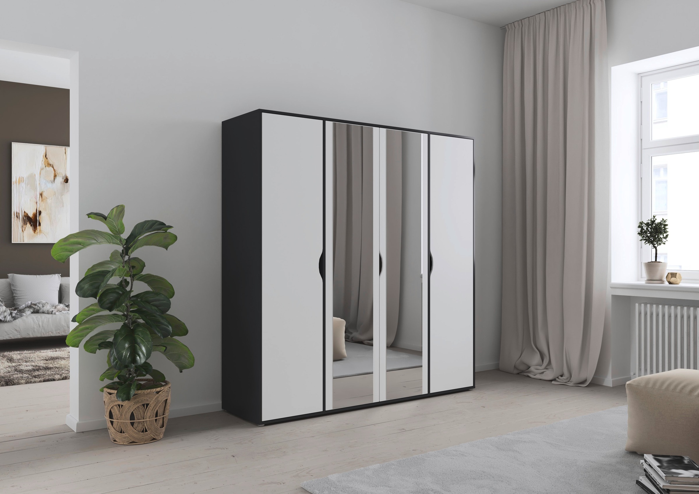 rauch Drehtürenschrank »Kleiderschrank Schrank Garderobe Wäscheschrank NARAI mit Spiegel«, (in 3 verschiedenen Ausstattungen BASIC/CLASSIC/PREMIUM), Griffausfräsungen für eine grifflose Optik TOPSELLER MADE IN GERMANY