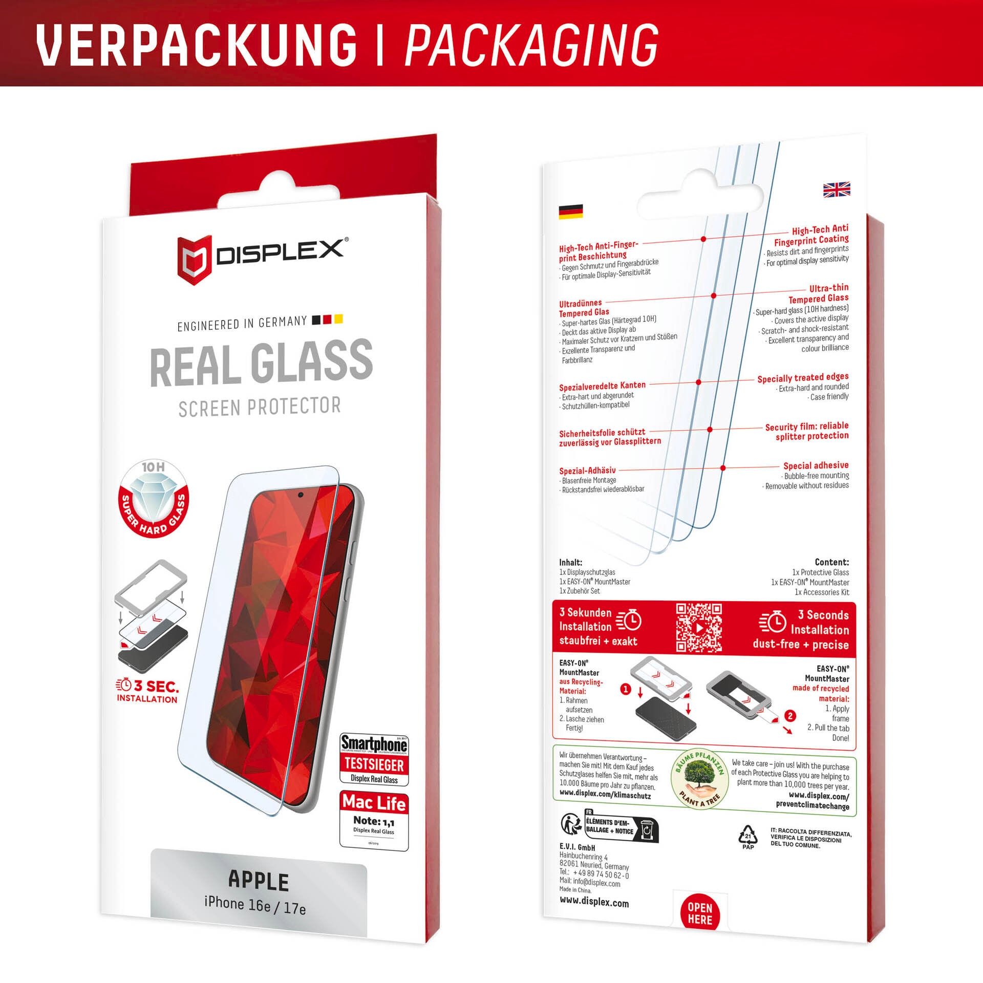 Displex Displayschutzglas »Real Glass Screen Protector mit EASY-ON MountMaster« für Apple iPhone 16e;Apple iPhone 17e Displayschutzfolie, Schutzfolie, Bildschirmschutz, kratz- & stoßfest