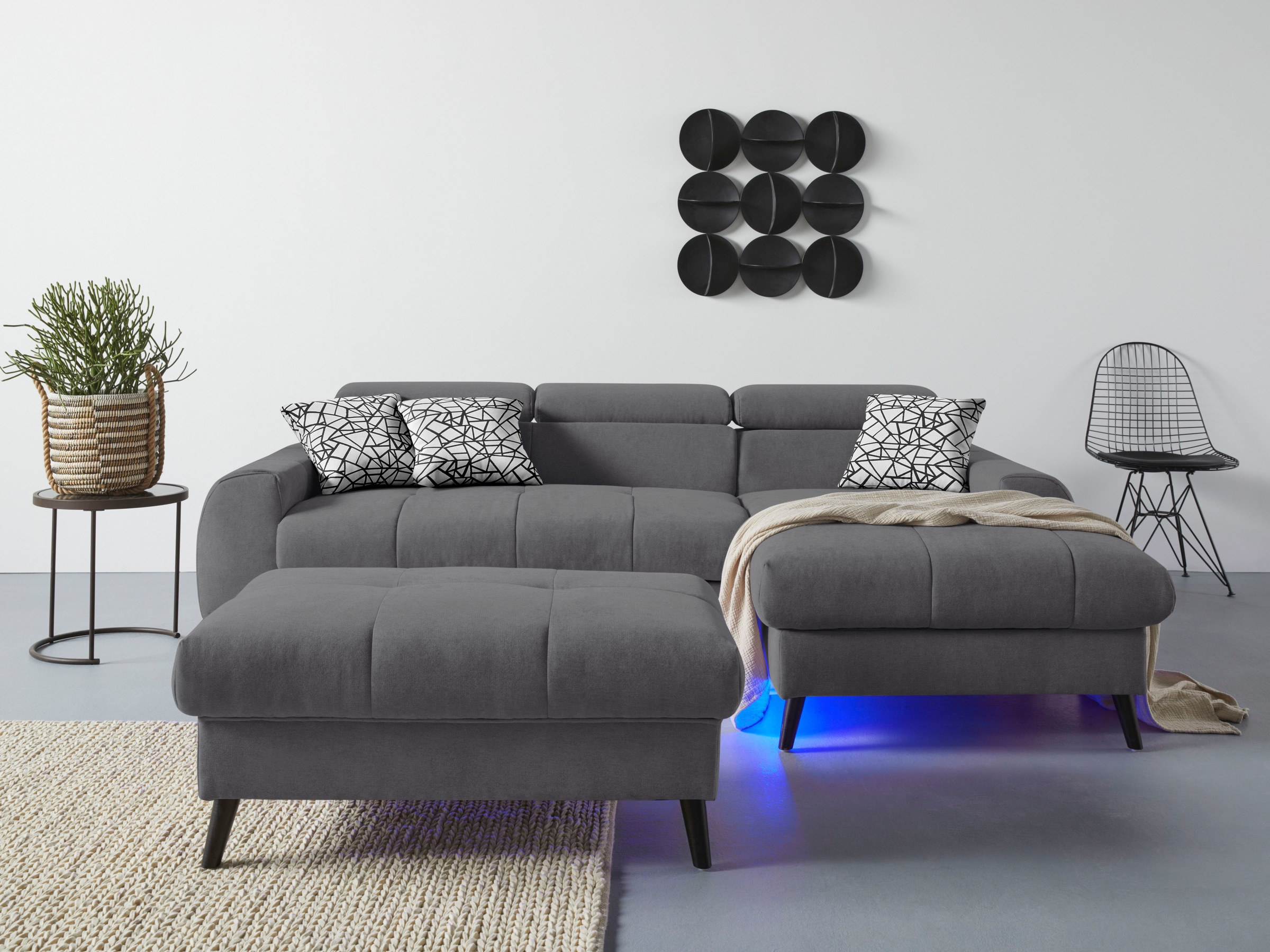 COTTA Ecksofa »Mia L-Form mit 3 Zierkissen«, wahlweise mit Bettfunktion, Bettkasten, Beleuchtung & Wireless-Charger